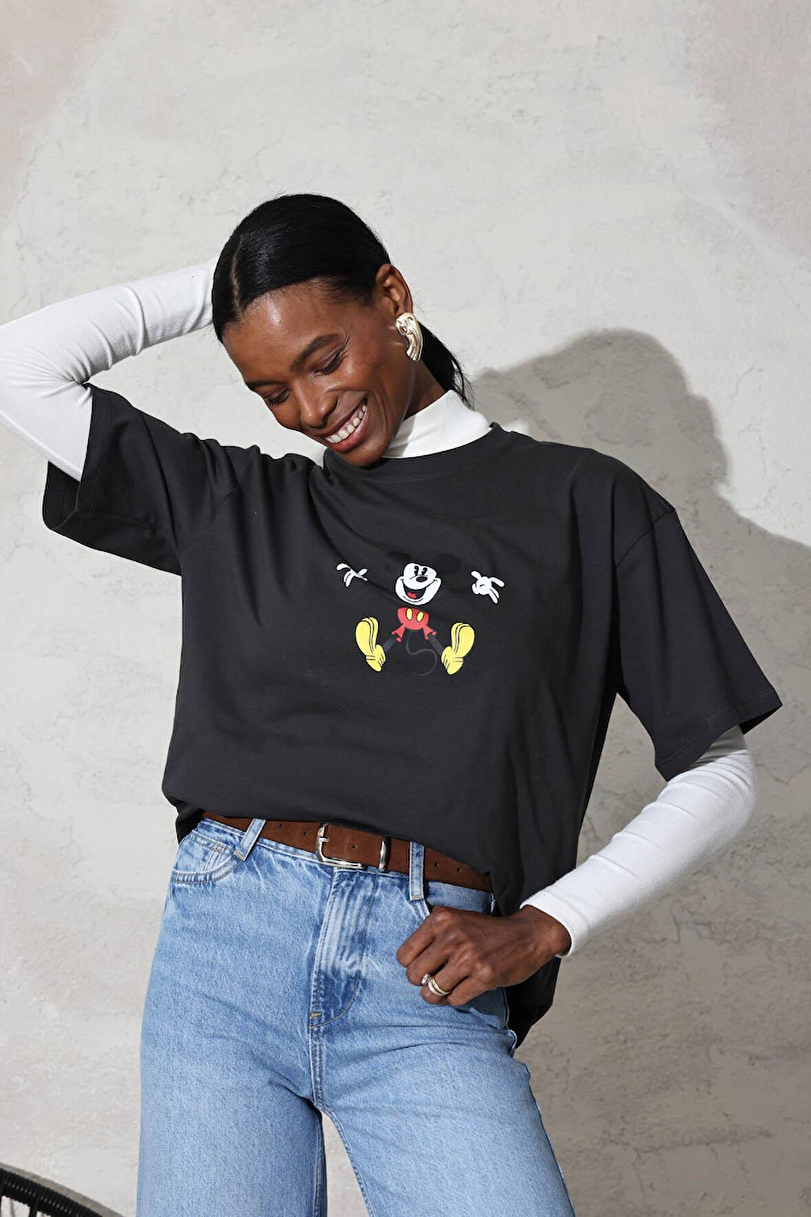 Antrasit Mickey Mouse Baskılı Basic Tişört 