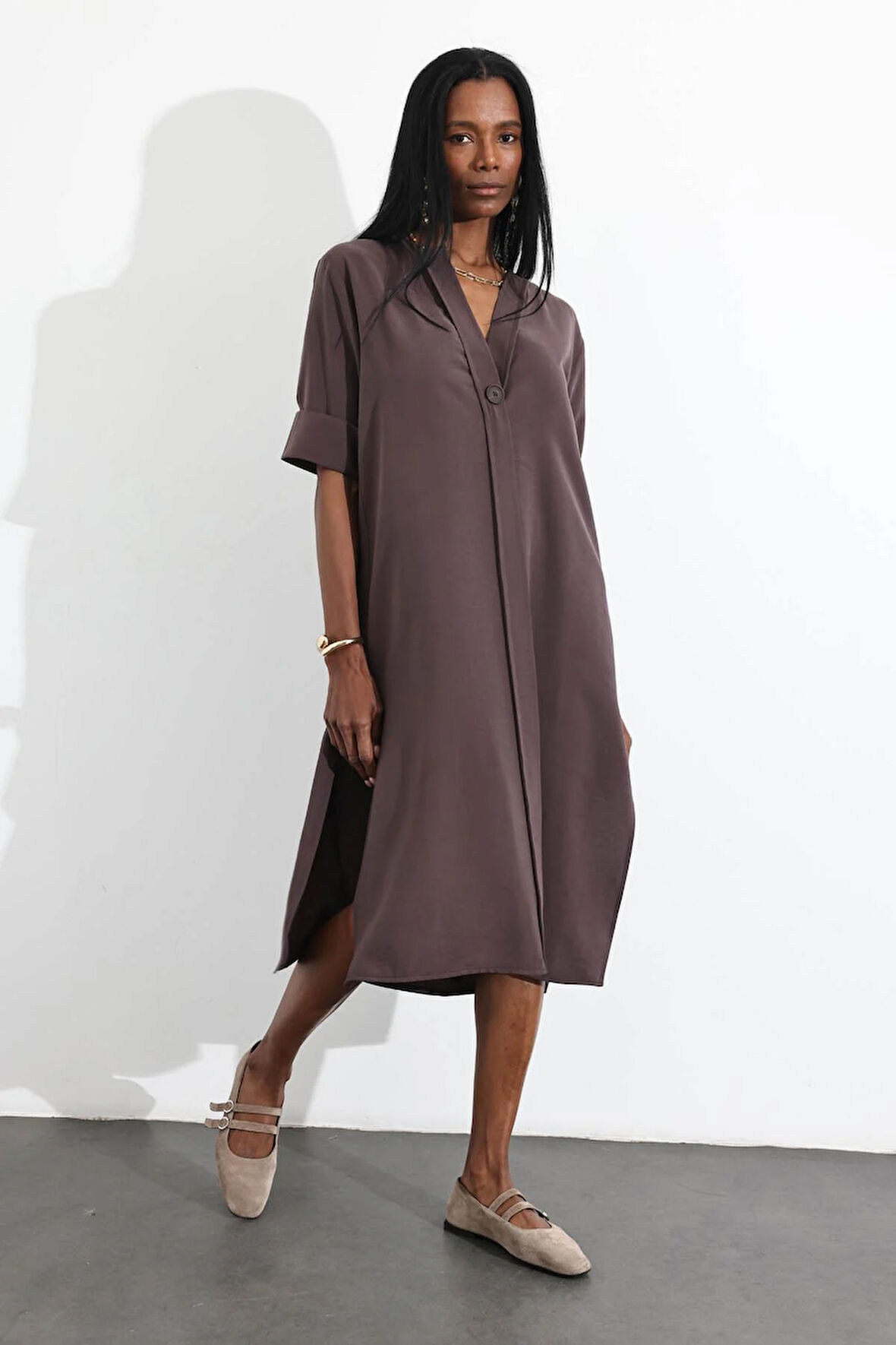 Acı Kahve Oversize Tek Düğmeli Elbise 16584
