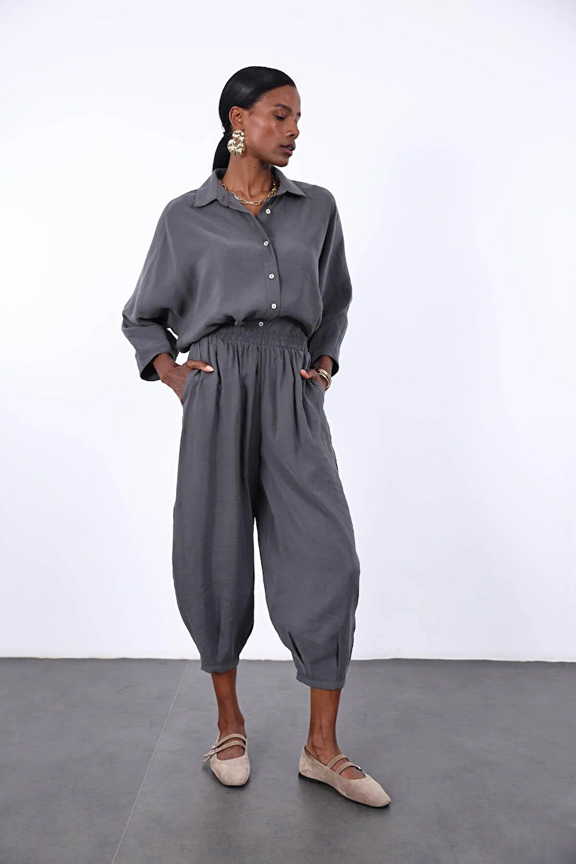 Antrasit Tencel Gömlek Pantolon Takım 50957
