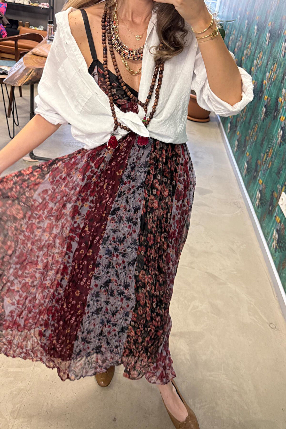 Mürdüm Çiçek Desenli Elbise 
