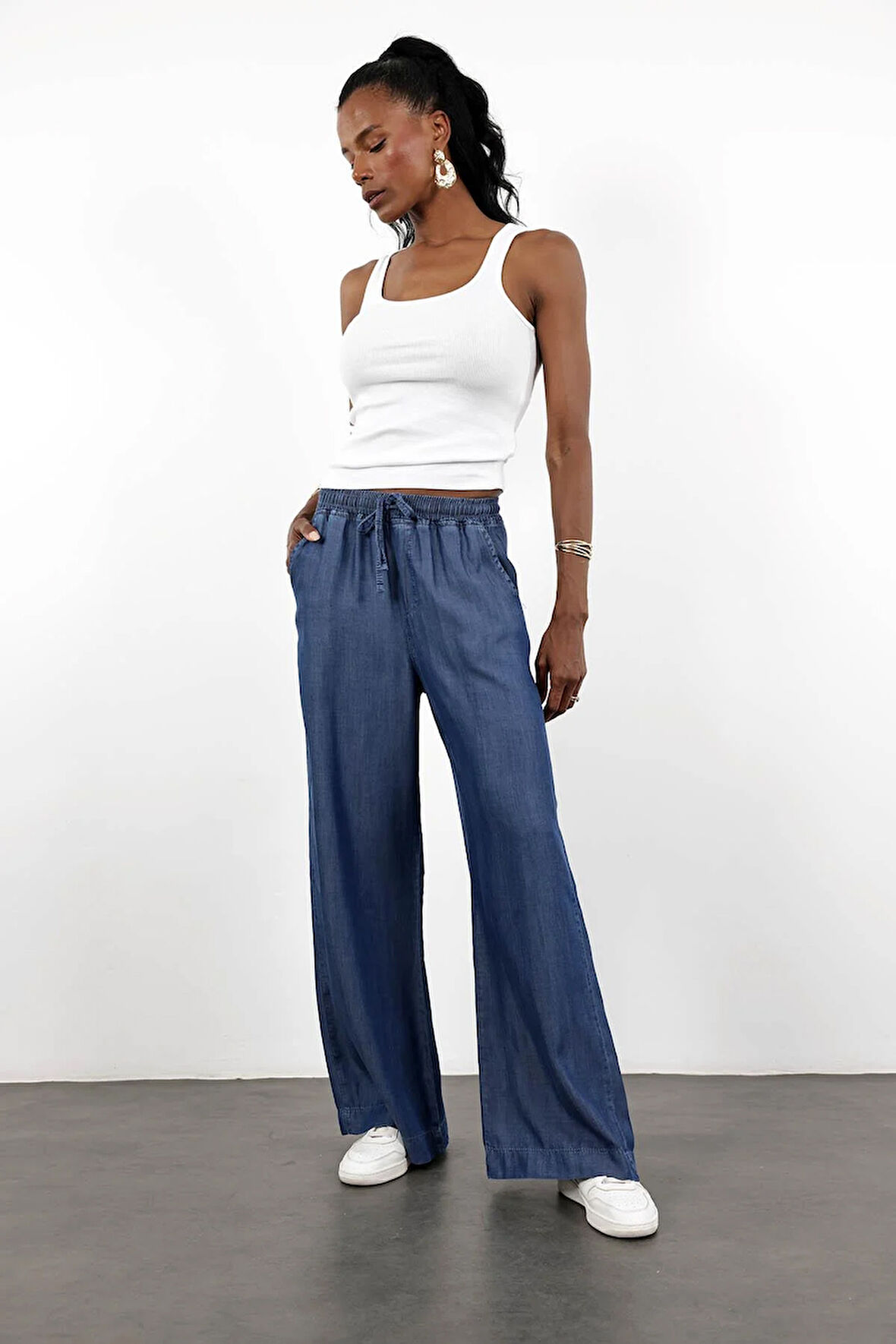 Lacivert Beli Lastikli Tencel Denim Pantolon 
