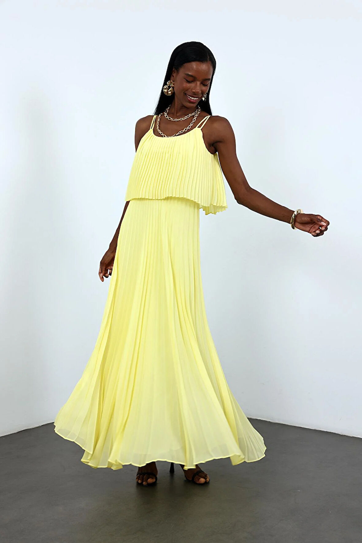 Sarı Piliseli Şifon Elbise 00778