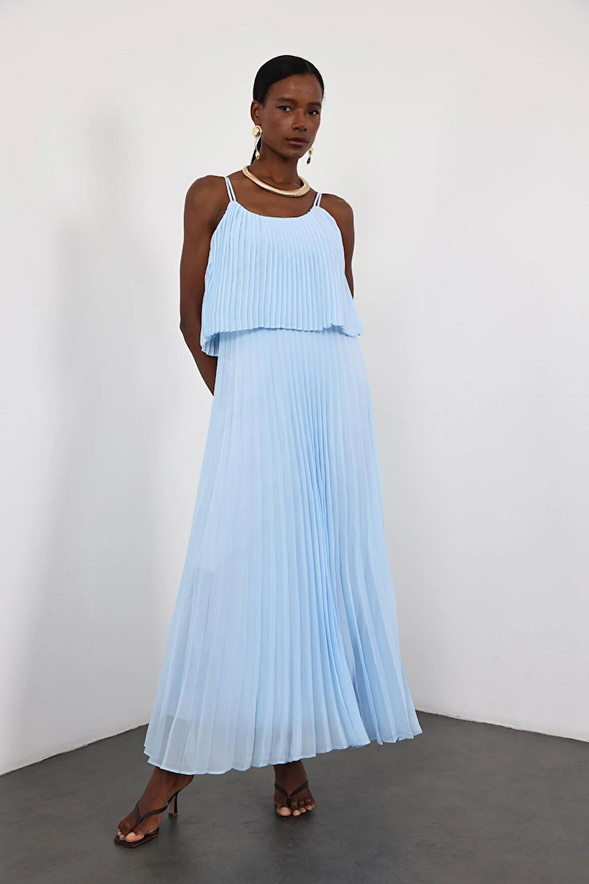 Bebe Mavi Piliseli Şifon Elbise 00778