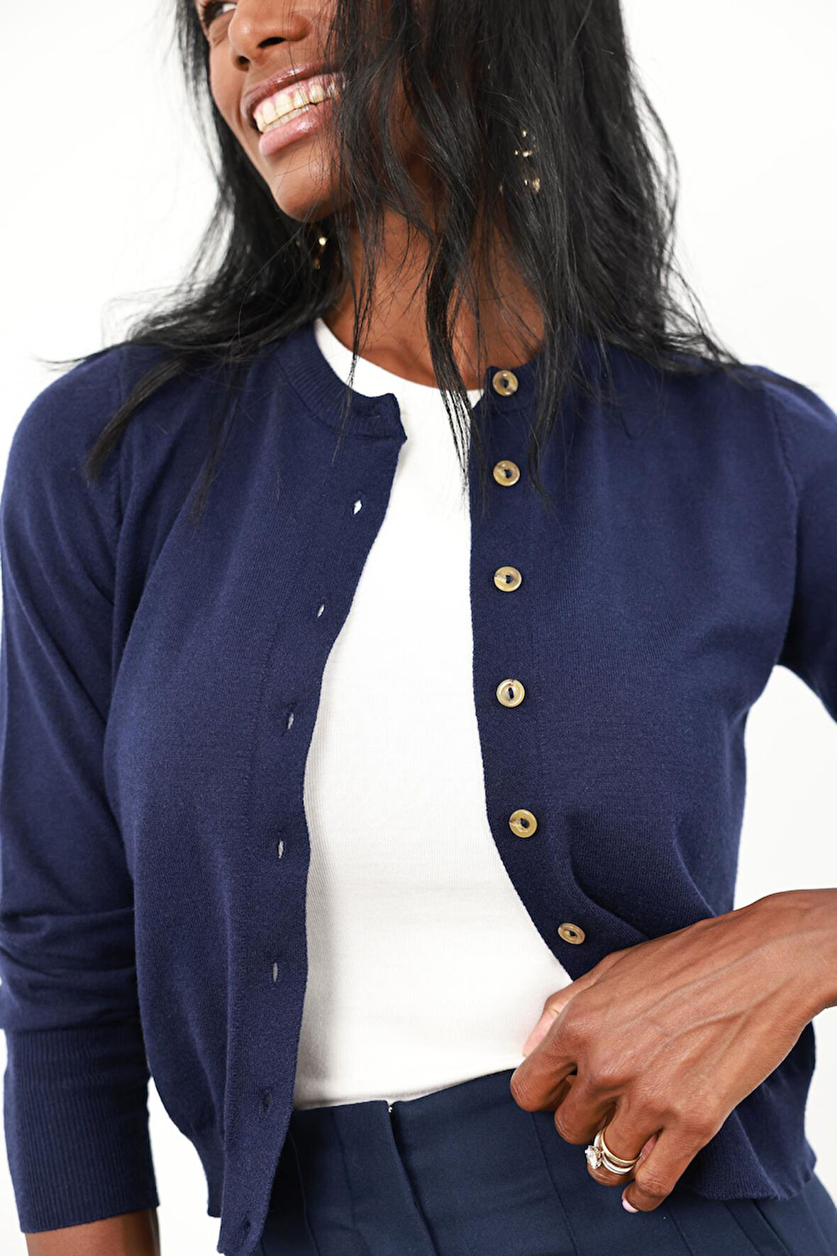 Lacivert Kemik Düğmeli Lyocell İplik Hırka 