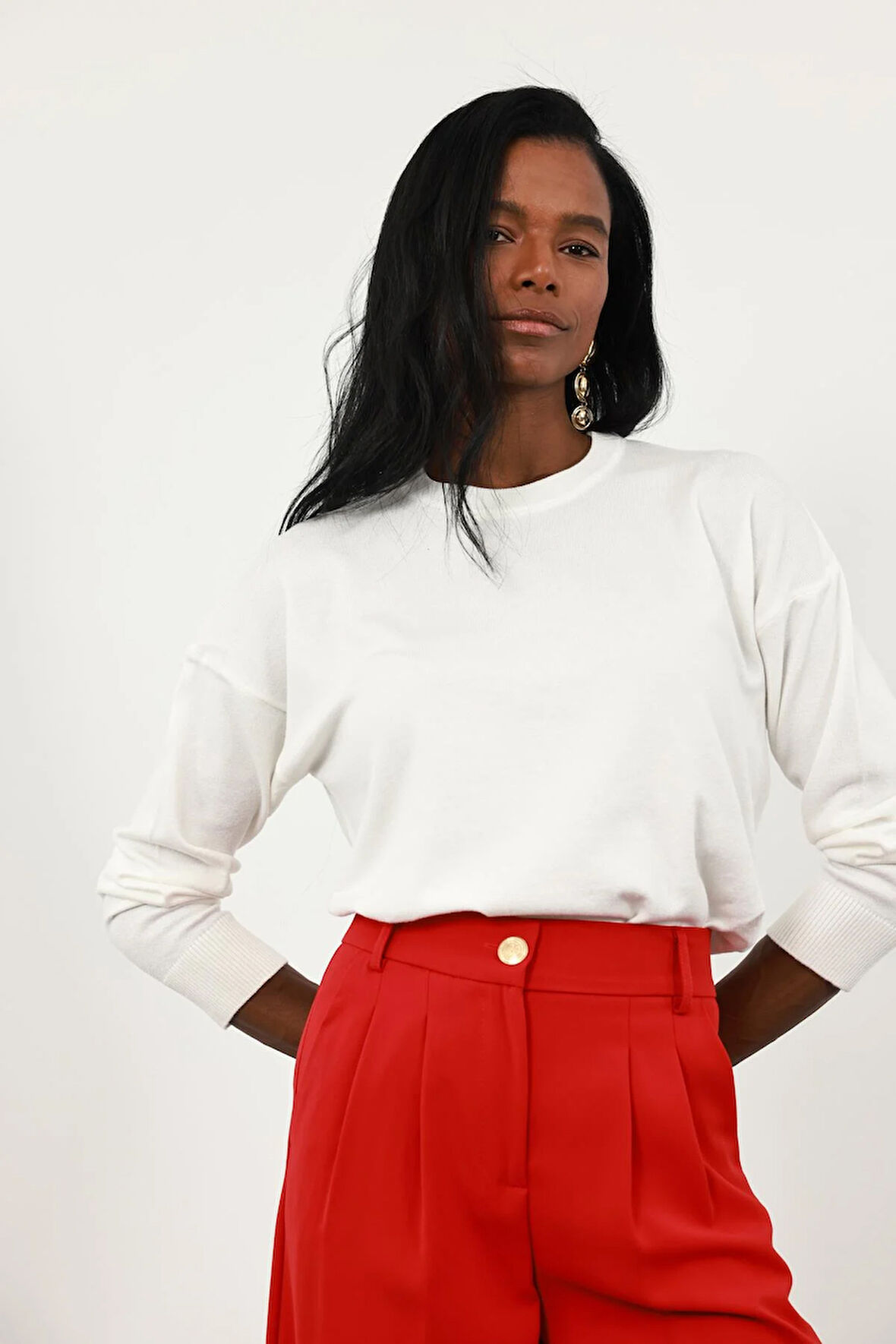 Ekru Bisiklet Yaka Lyocell İplik Triko 