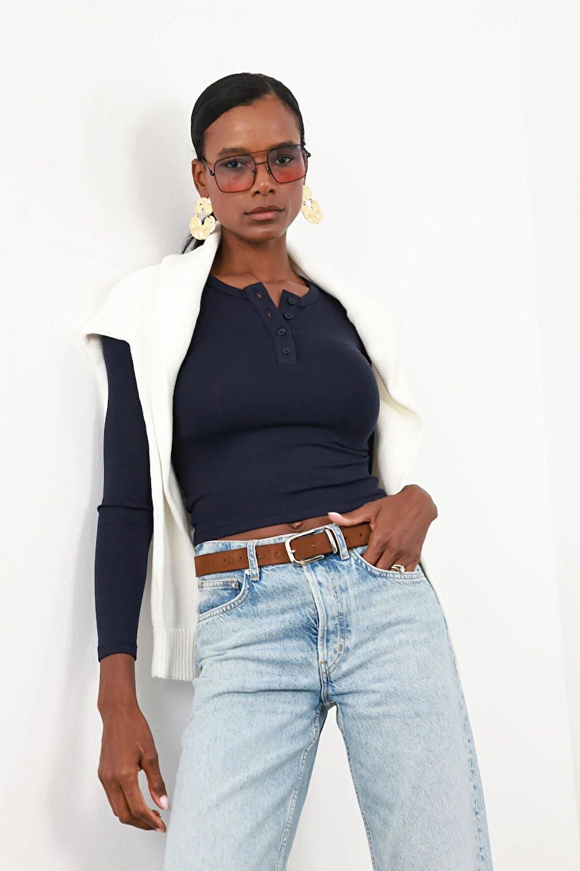 Lacivert Soft Touch Düğmeli Bluz 71776