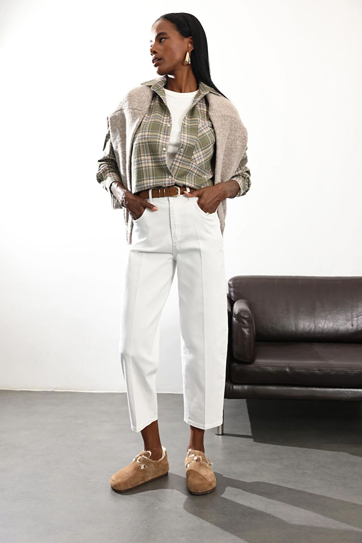 Beyaz Yüksek Bel Baggy Jean RM3004