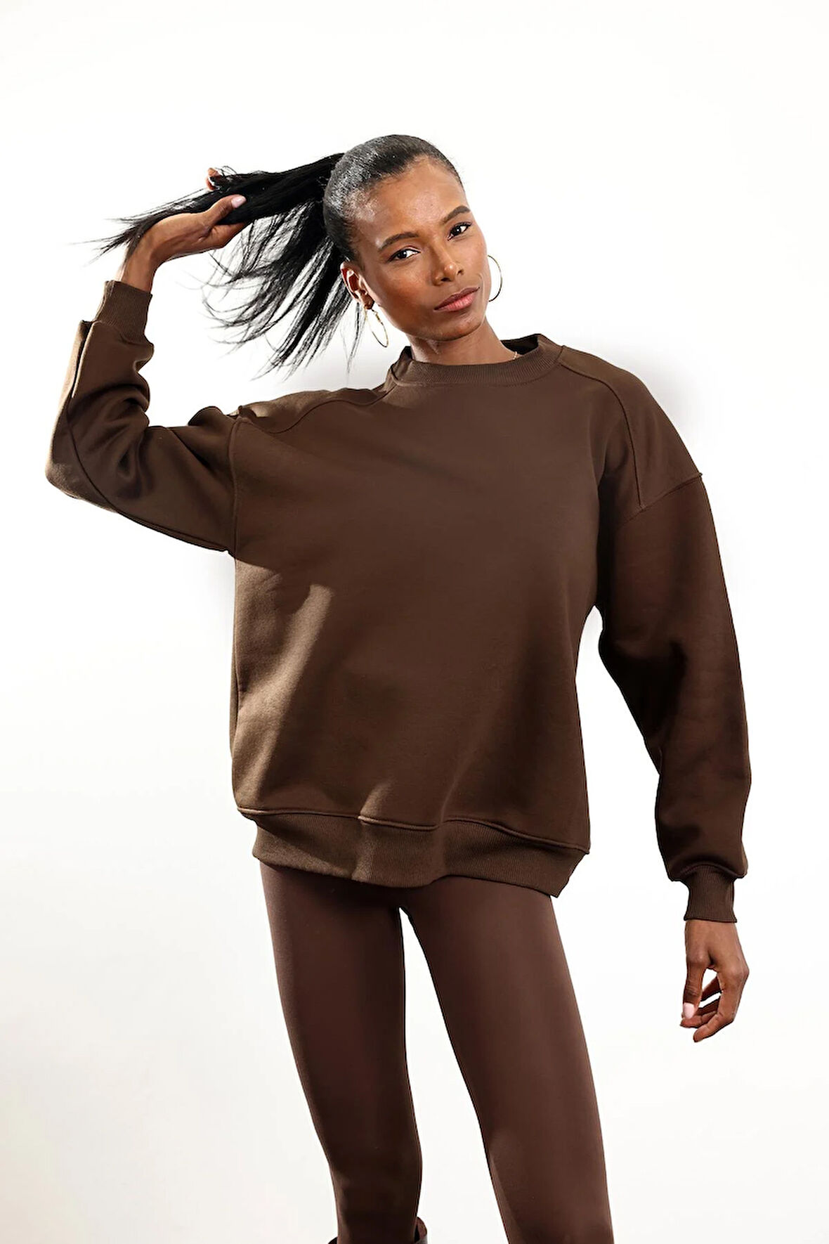 Kahverengi Parçalı Basic Sweatshirt 3408