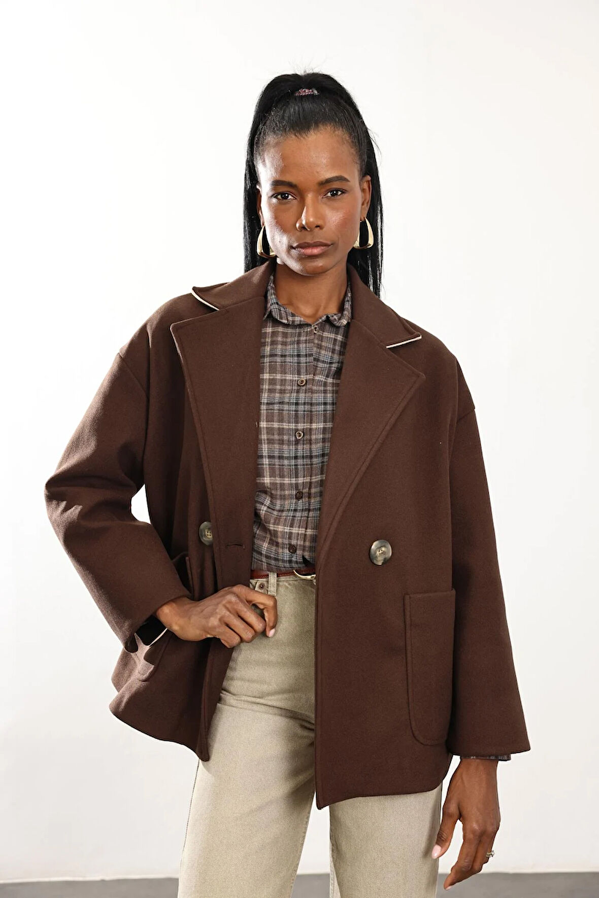 Kahverengi Oversize Kaşe Palto