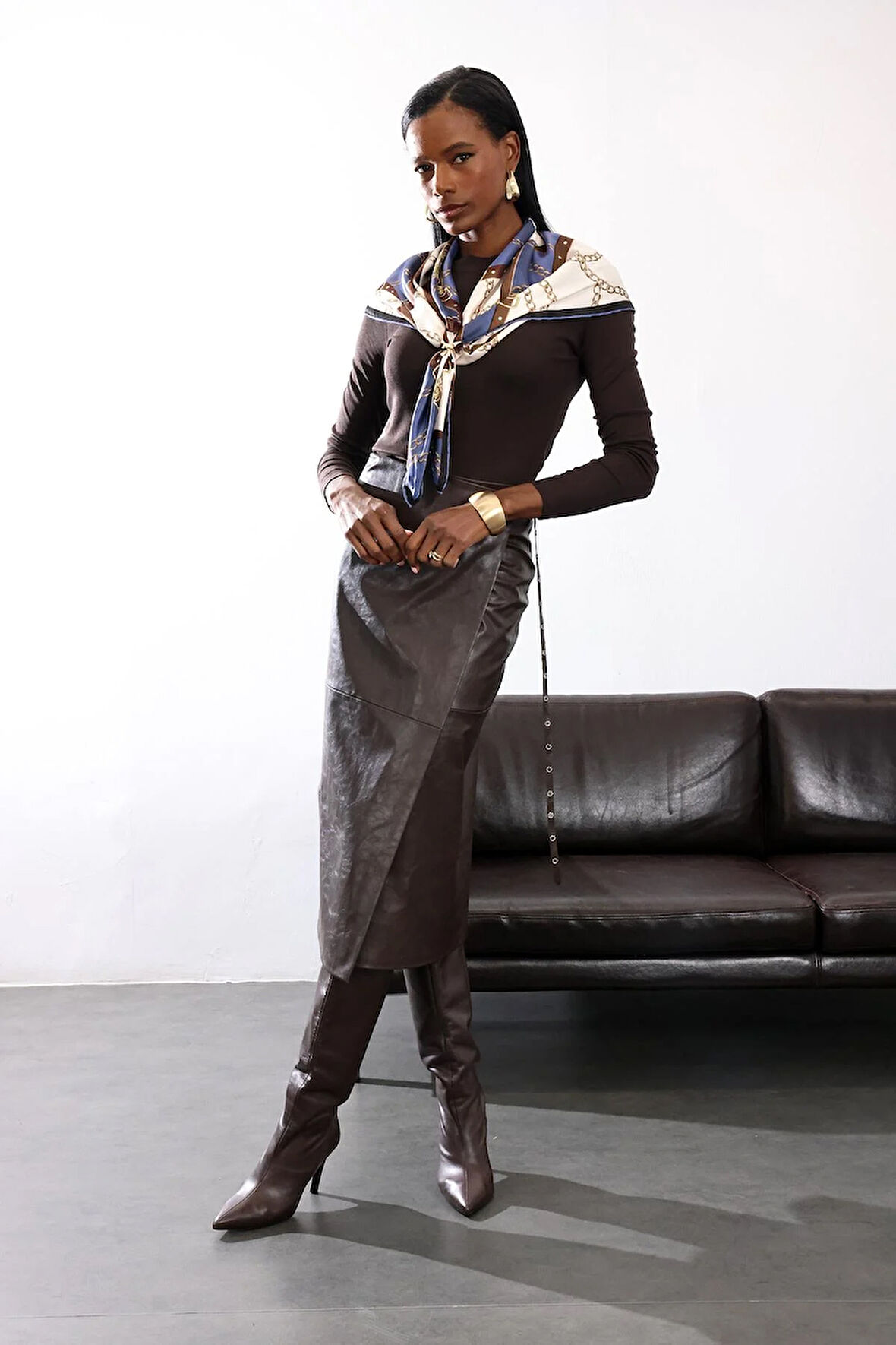 Kahverengi Kemerli Deri Midi Etek 222