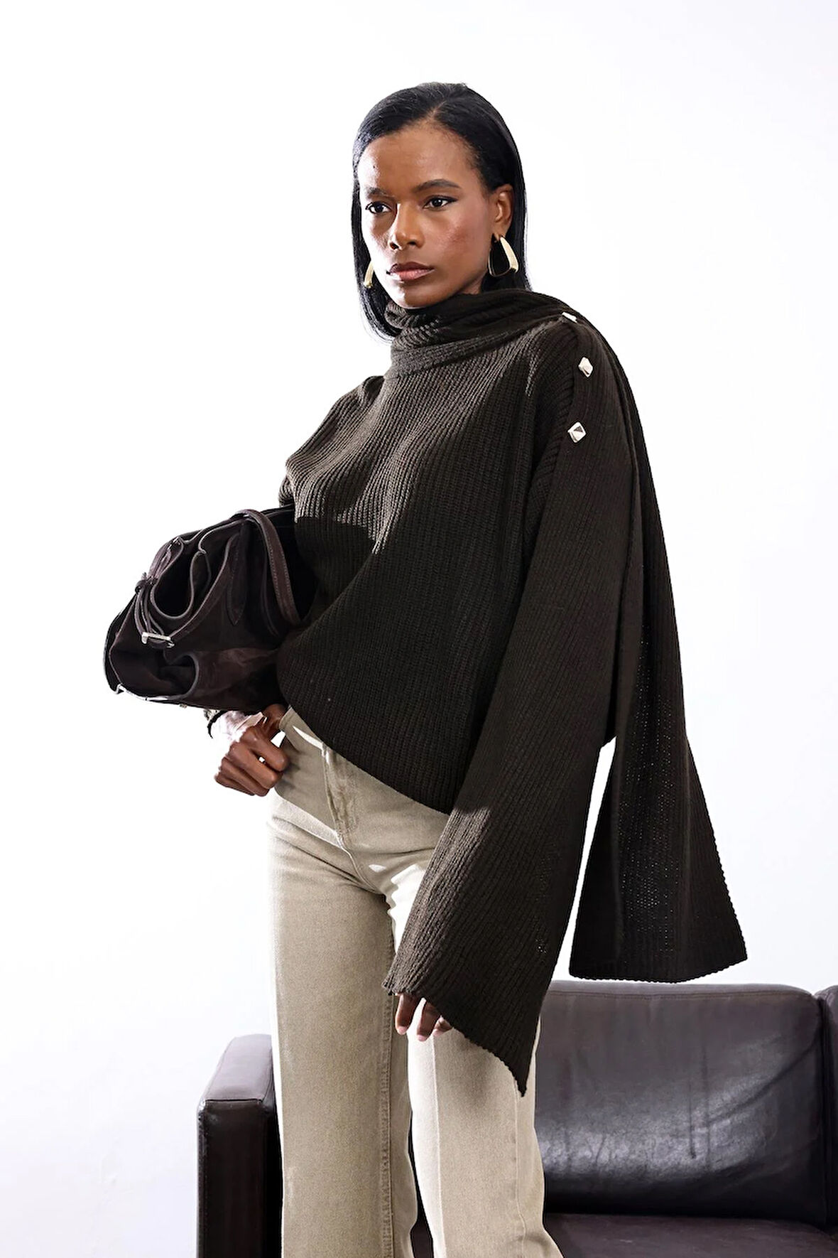 Acı Kahve Atkı Yaka Kazak 0670