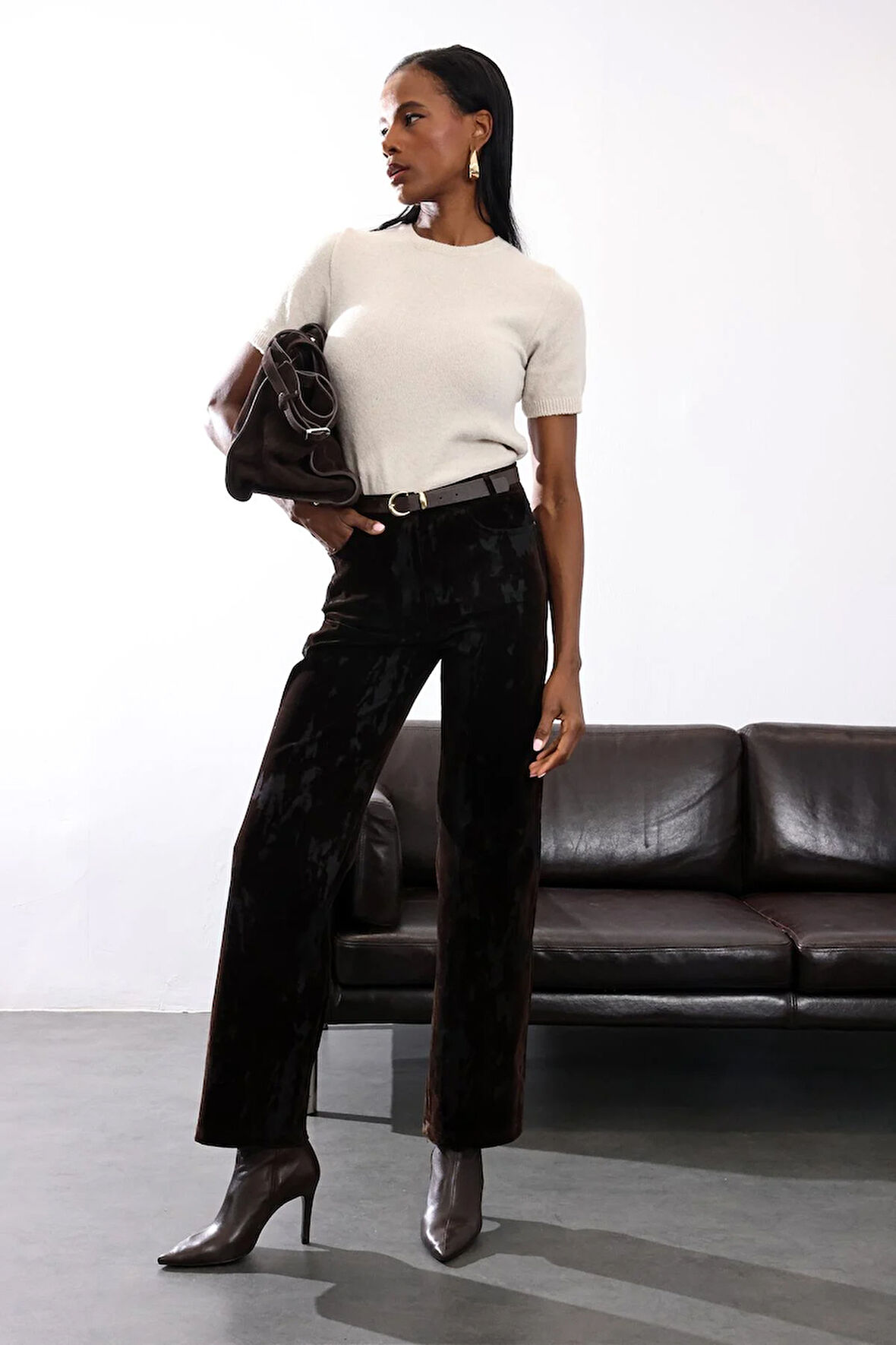 Kahverengi Kadife Karışımlı Düz Kesim Pantolon 