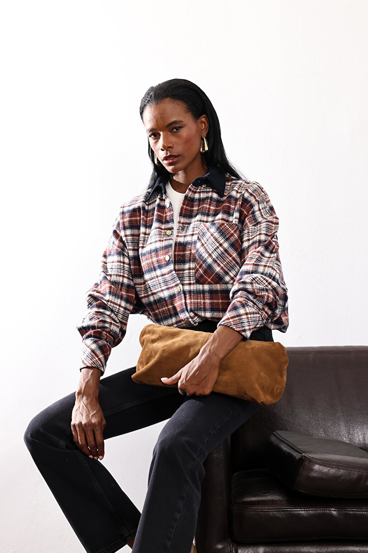 Lacivert Kadife Yakalı Ekose Gömlek 04013