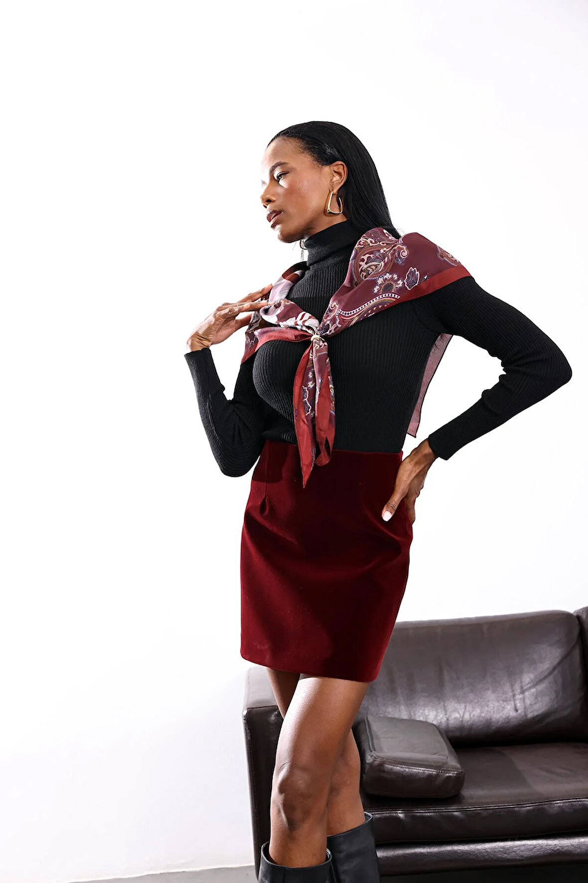 Bordo Kadife Mini Etek 