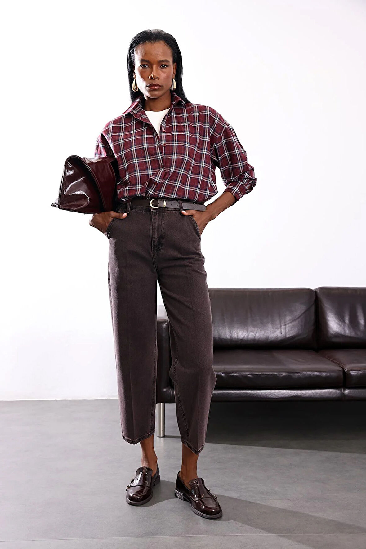 Acı Kahve Yüksek Bel Baggy Jean RM3004