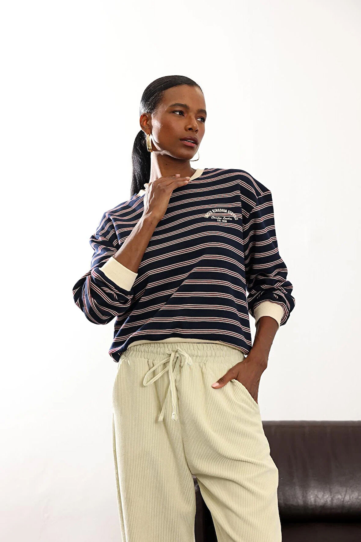 Lacivert Bordo Çizgili Kolej Sweatshirt 01119