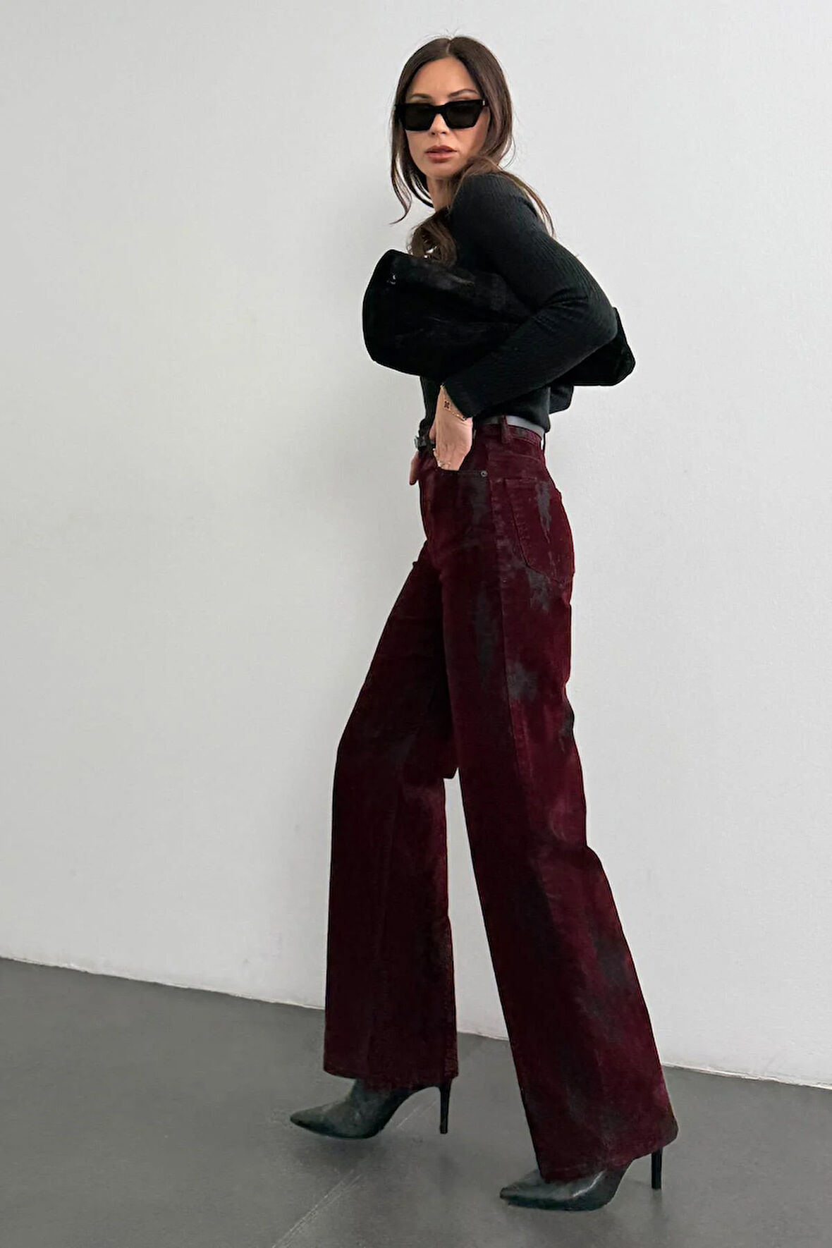 Bordo Kemerli Wide Leg Jean 8077