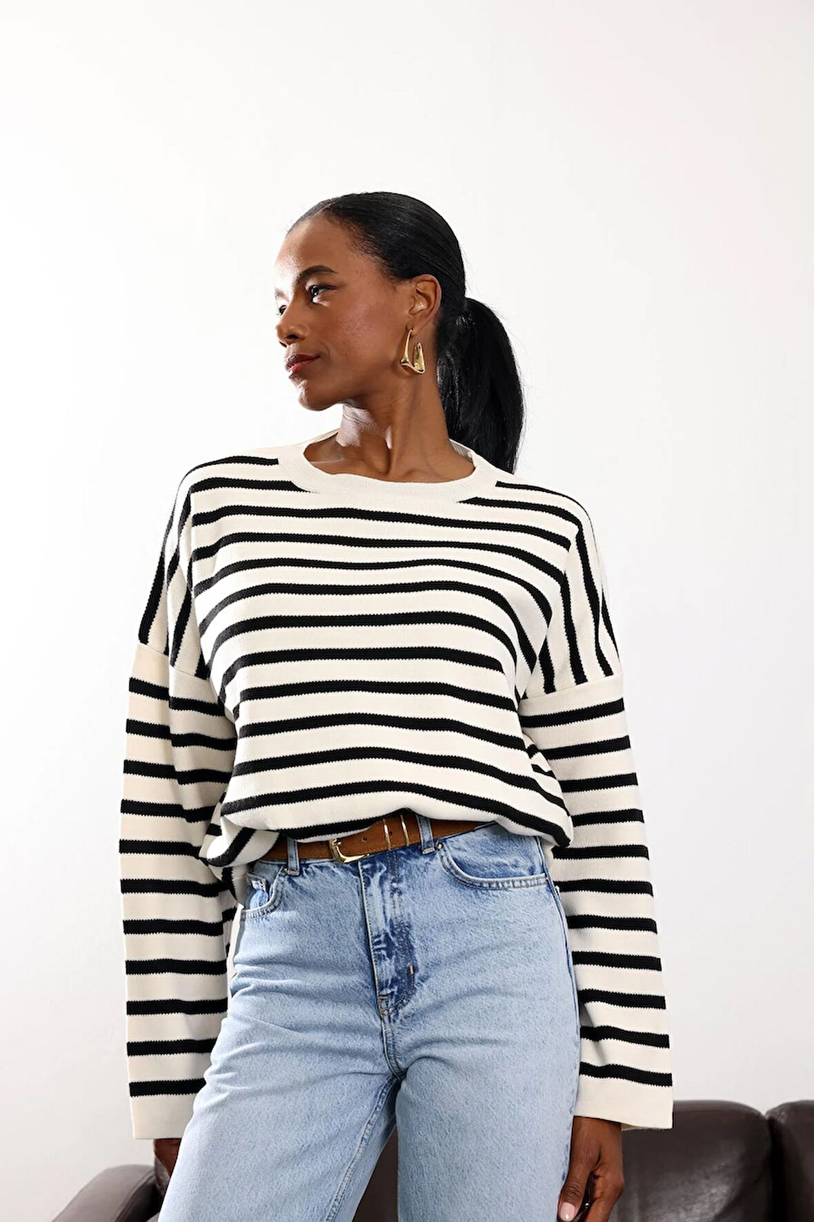 Ekru Çizgili Kazak 231100