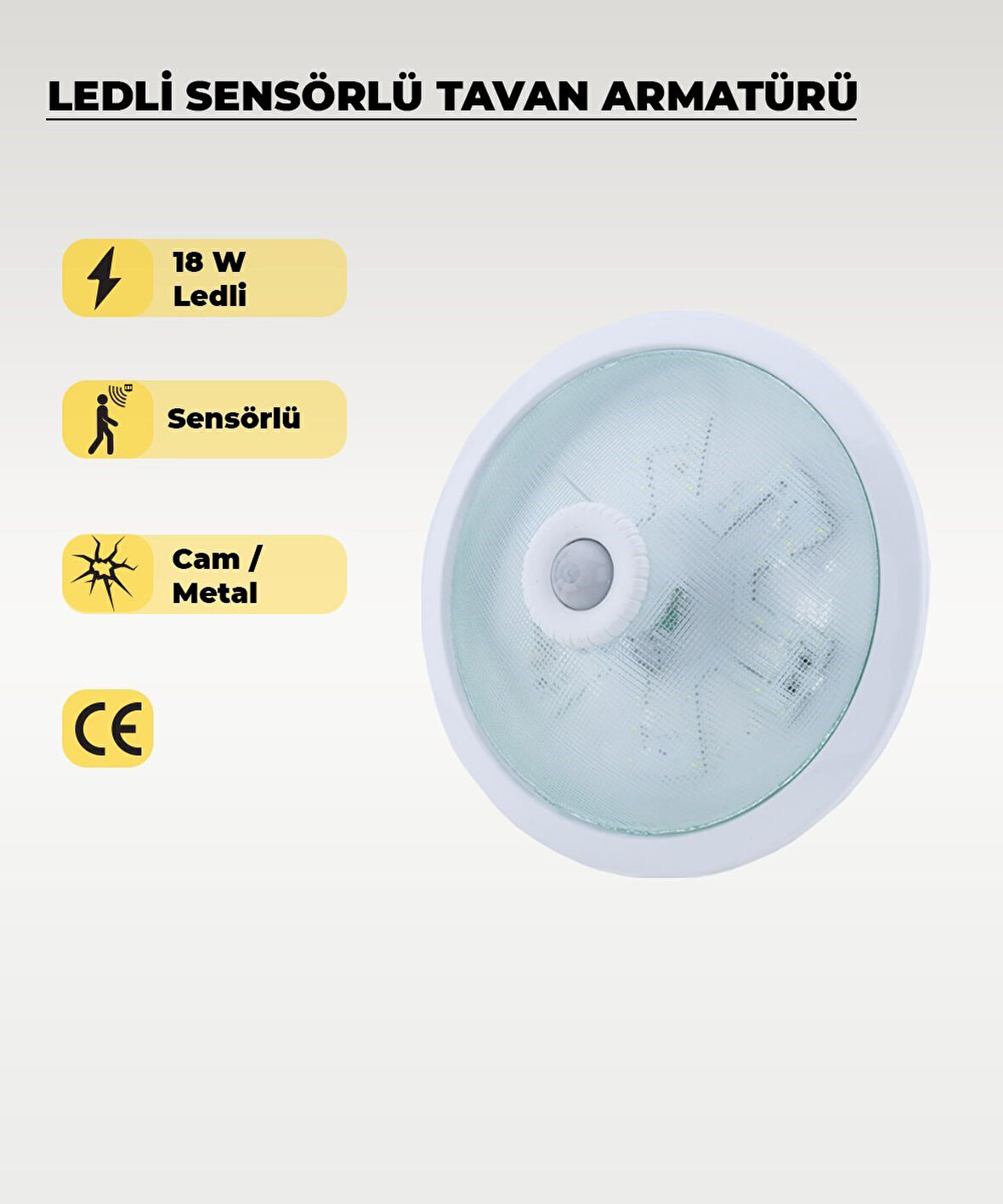 18W Ledli Sensörlü Tavan Armatürü 6500K Beyaz Işık -  Cam / Metal