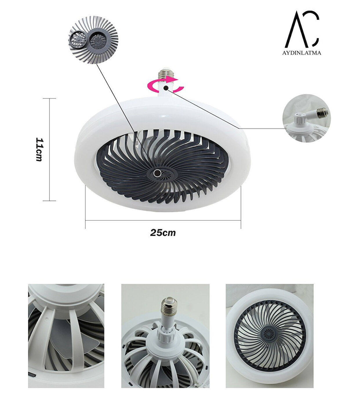 30W Fanlı Led Ampul / 3 Renk Işık / 3 Hız Fanlı Siyah Kasa  - Kumandalı ve Koku Hazneli