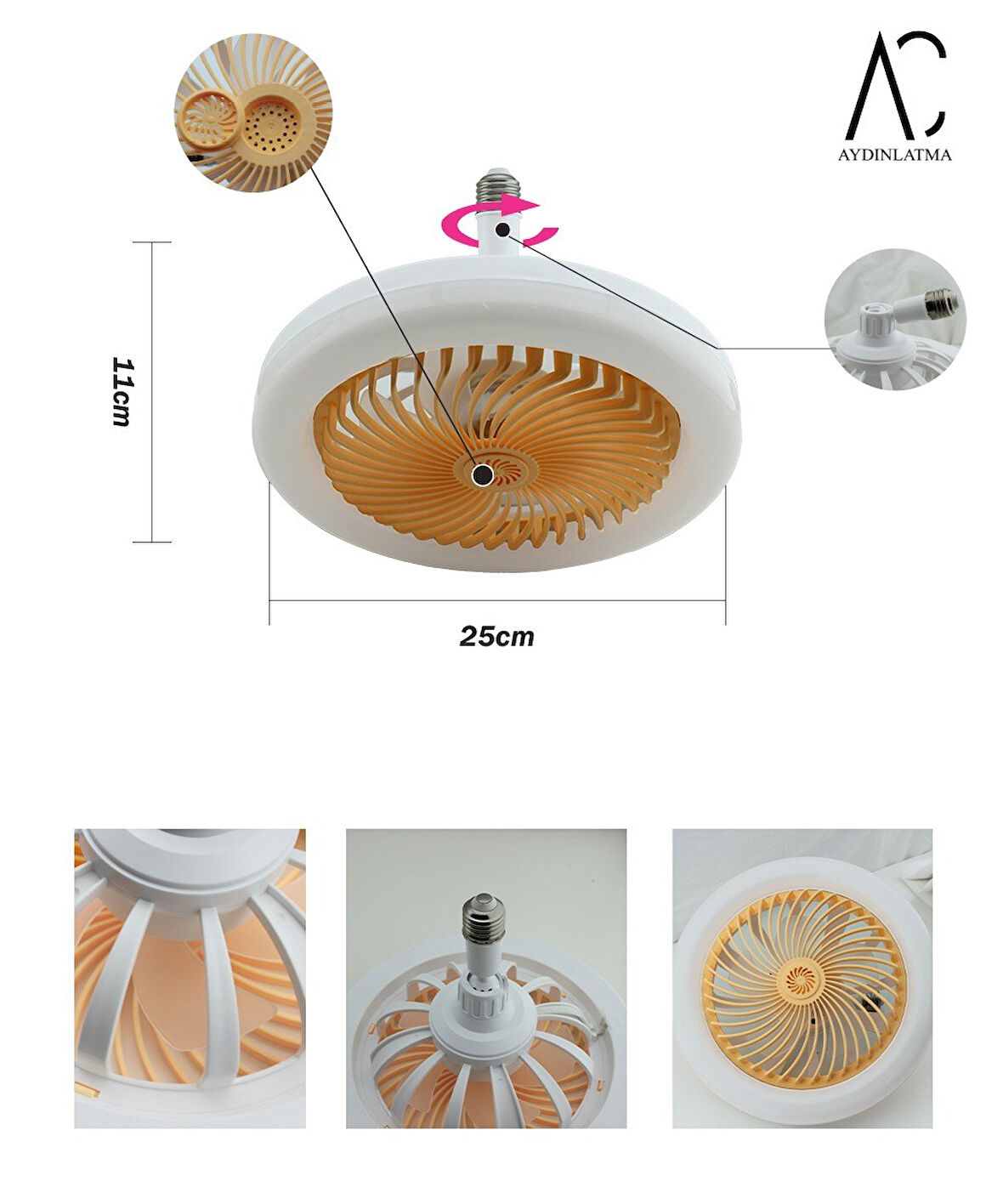 30W Fanlı Led Ampul / 3 Renk Işık / 3 Hız Fanlı Sarı Kasa  - Kumandalı ve Koku Hazneli