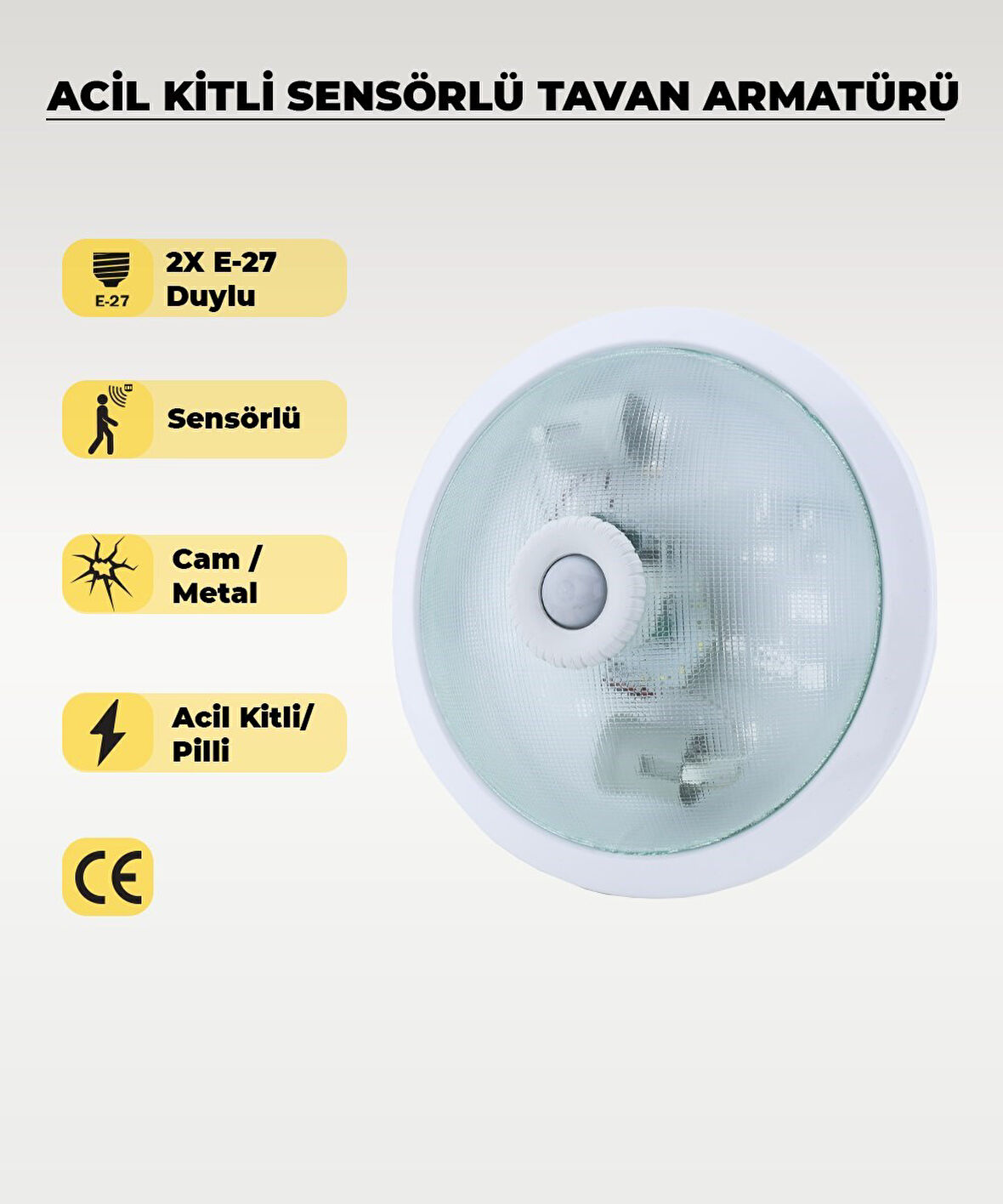 Acil Kitli Pilli 2 x E27 Duylu Sensörlü Tavan Armatürü - Cam / Metal