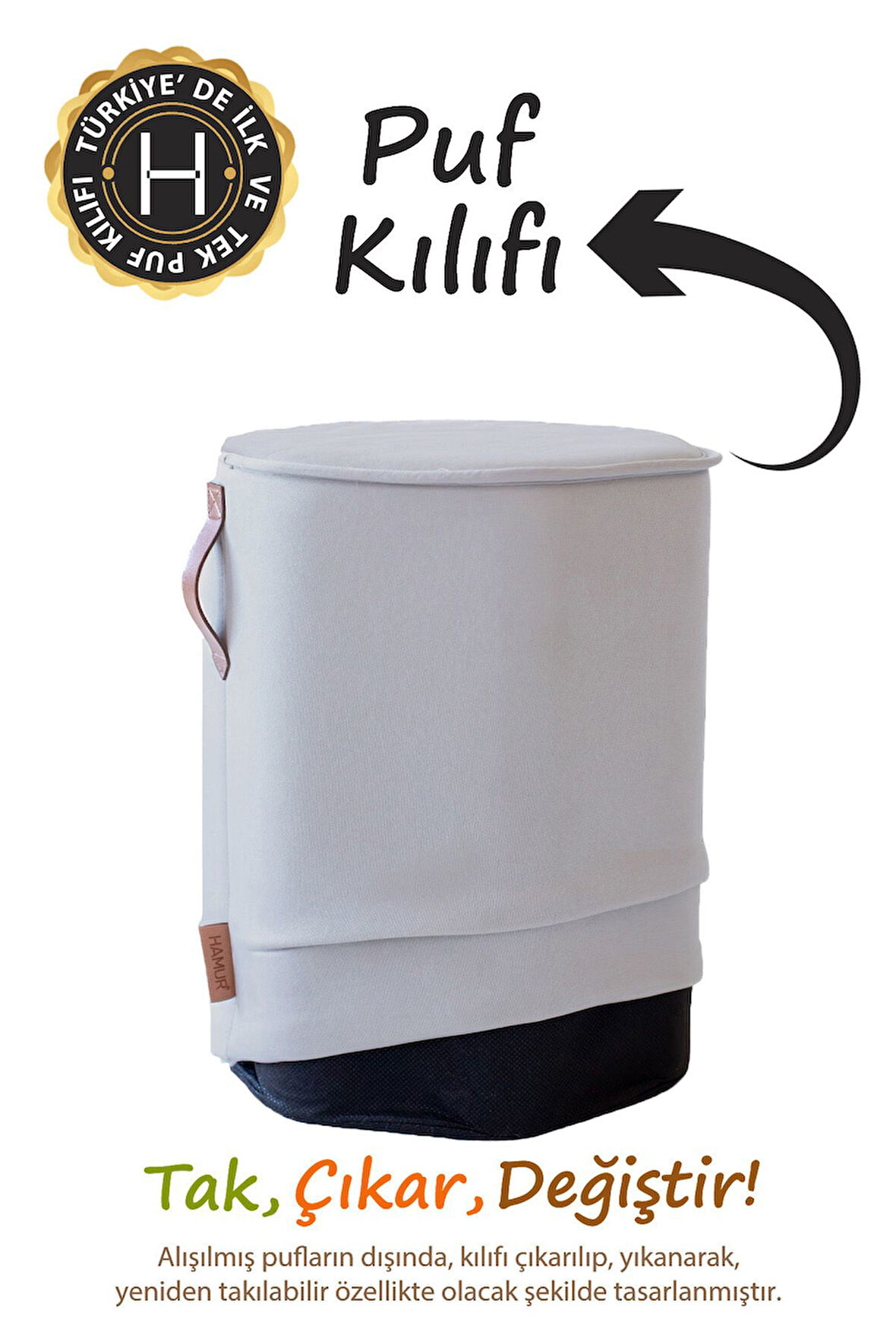 Yıkanabilir Puf Tabure Kılıfı Tak-Çıkar-Değiştir-Yenile Orta Sehpa Kılıfı Kc Meek Gri