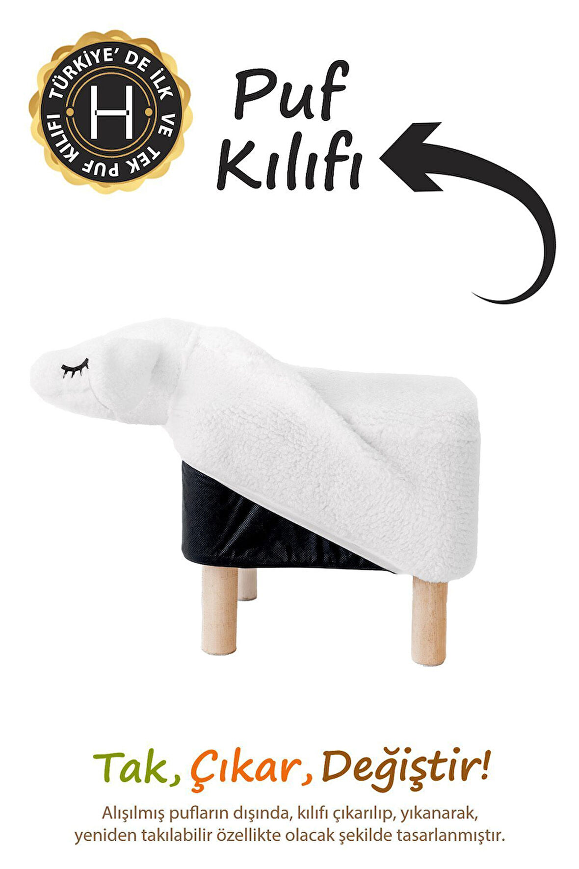 Yıkanabilir Puf Tabure Kılıfı Tak-Çıkar-Değiştir-Yenile Orta Sehpa Kılıfı Bb Fluffy Zoo Sheep