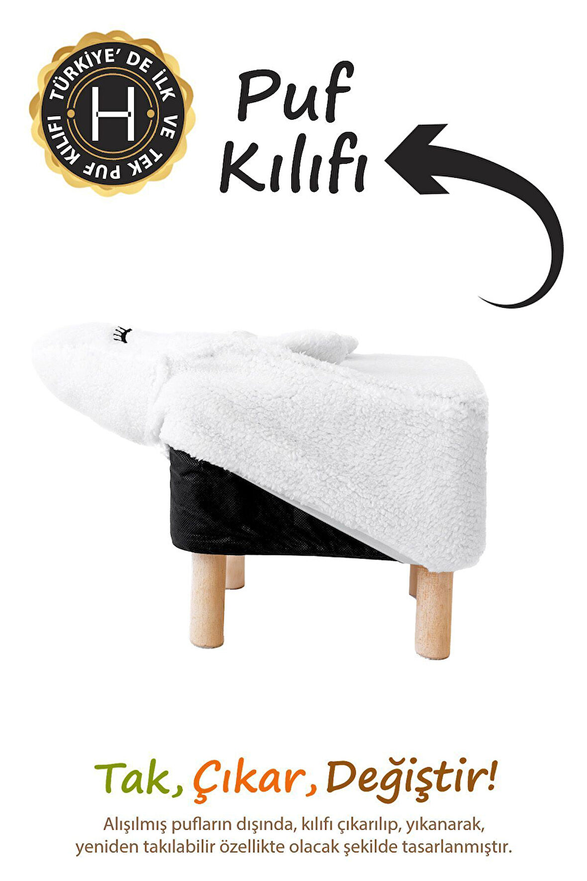 Yıkanabilir Puf Tabure Kılıfı Tak-Çıkar-Değiştir-Yenile Orta Sehpa Kılıfı Bb Fluffy Zoo Bunny