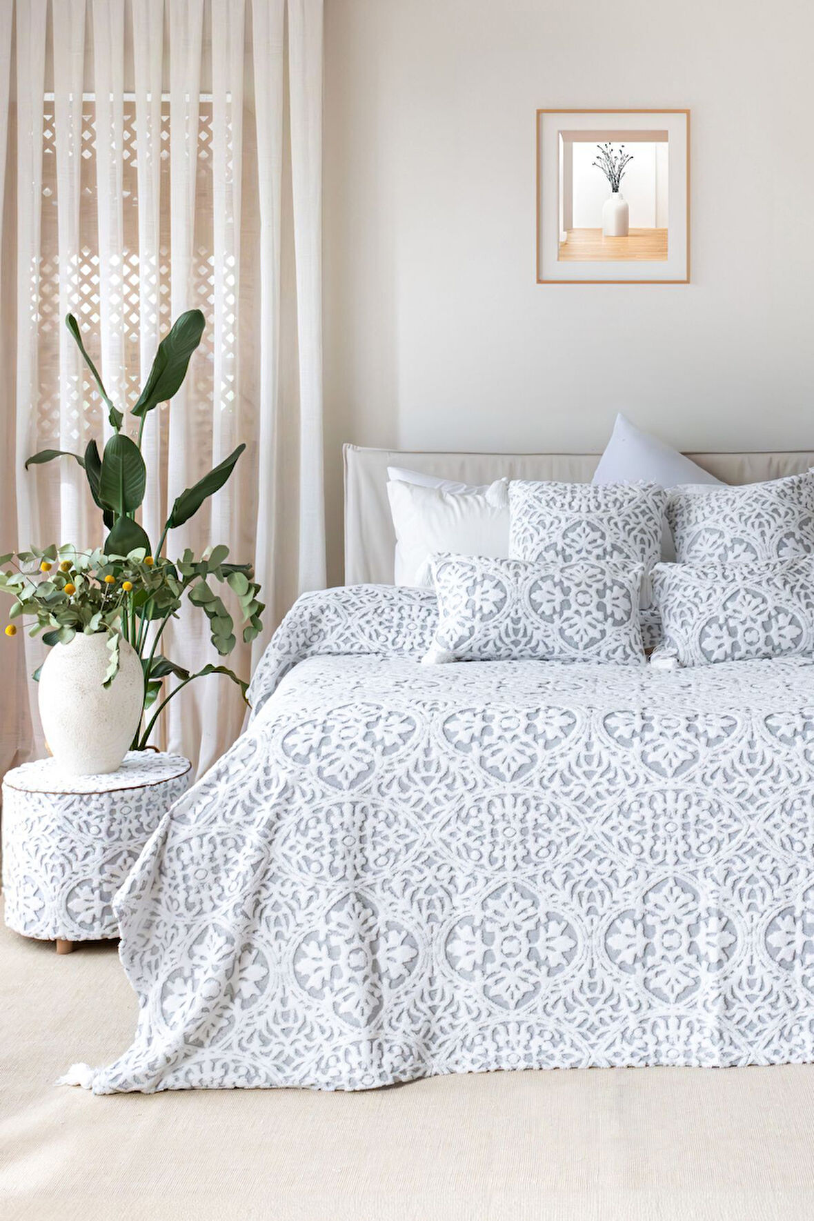 İskandinav Yatak Örtüsü Seti Çift Kişilik Set Bohem Punch Panç Desen Motif Gri