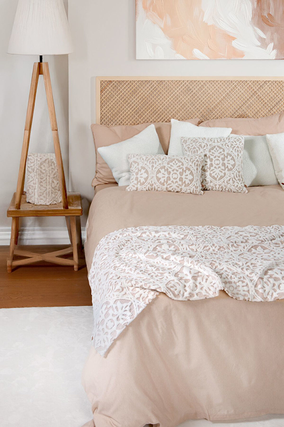 Jakarlı Yatak Runner Set Motif Bej