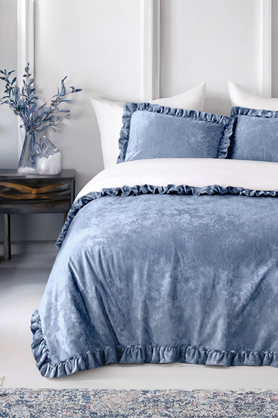 Kadife Yatak Örtüsü Ç.K Set 230x250 Indigo