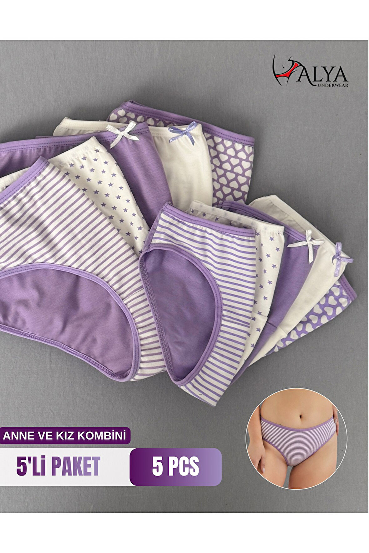 ALYA UNDERWEAR Anne Kız Kombin Pamuklu Külot - Beyaz Slip İç Çamaşırı - 5'li Paket