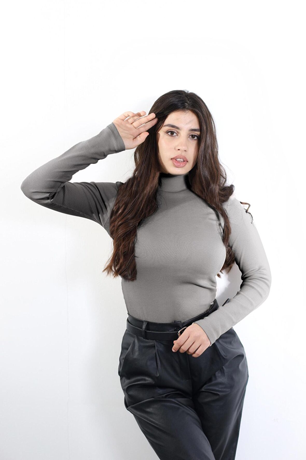 Kaşkorse Tam Boğazlı Body Sweatshirt, Açık Gri
