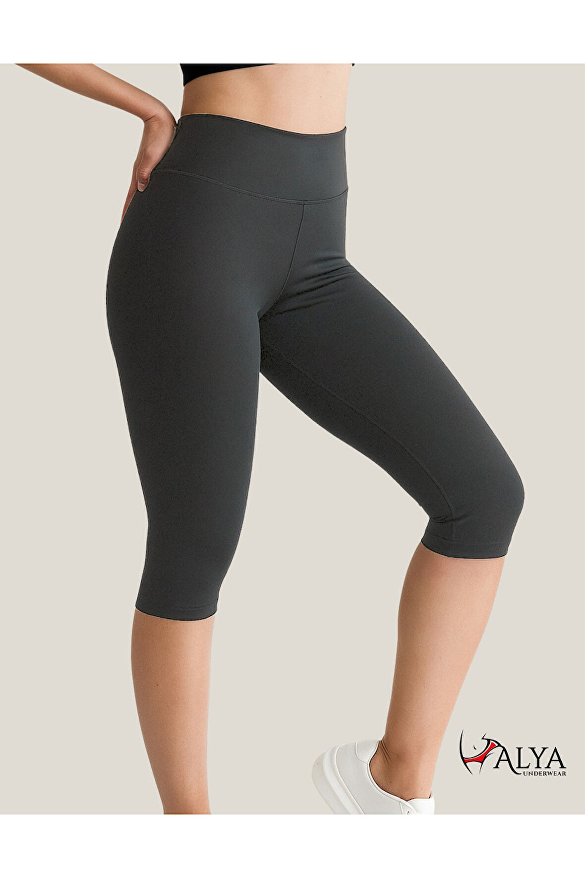ALYA UNDERWEAR Diz Altı Kapri Tayt Yüksek Bel Likralı Parlak Dalgıç Kumaş, Antrasit (FÜME)