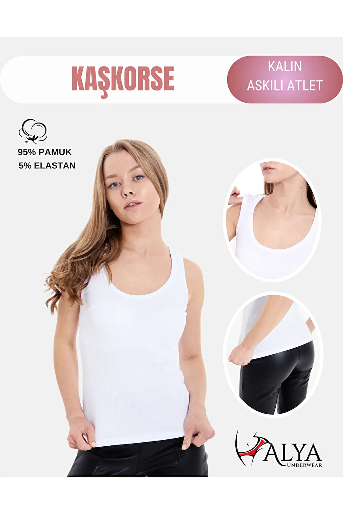 ALYA UNDERWEAR Kaşkorse Kalın Askılı Body Atlet, Fitilli Kumaş, Likralı, Beyaz Badi, 927, L