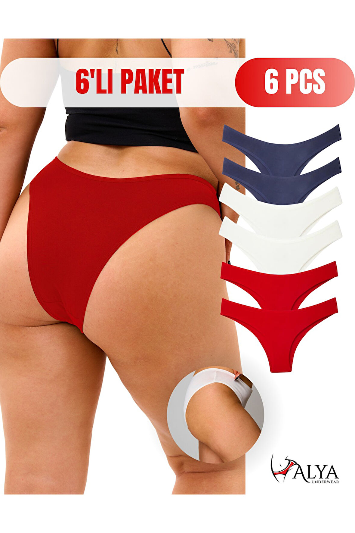 ALYA UNDERWEAR Kadın Renkli Brezilyan Kalıp Pamuklu Külotlar - Lacivert, Kırmızı, Ekru (S, M, L, XL, 2XL) - 6 Adet