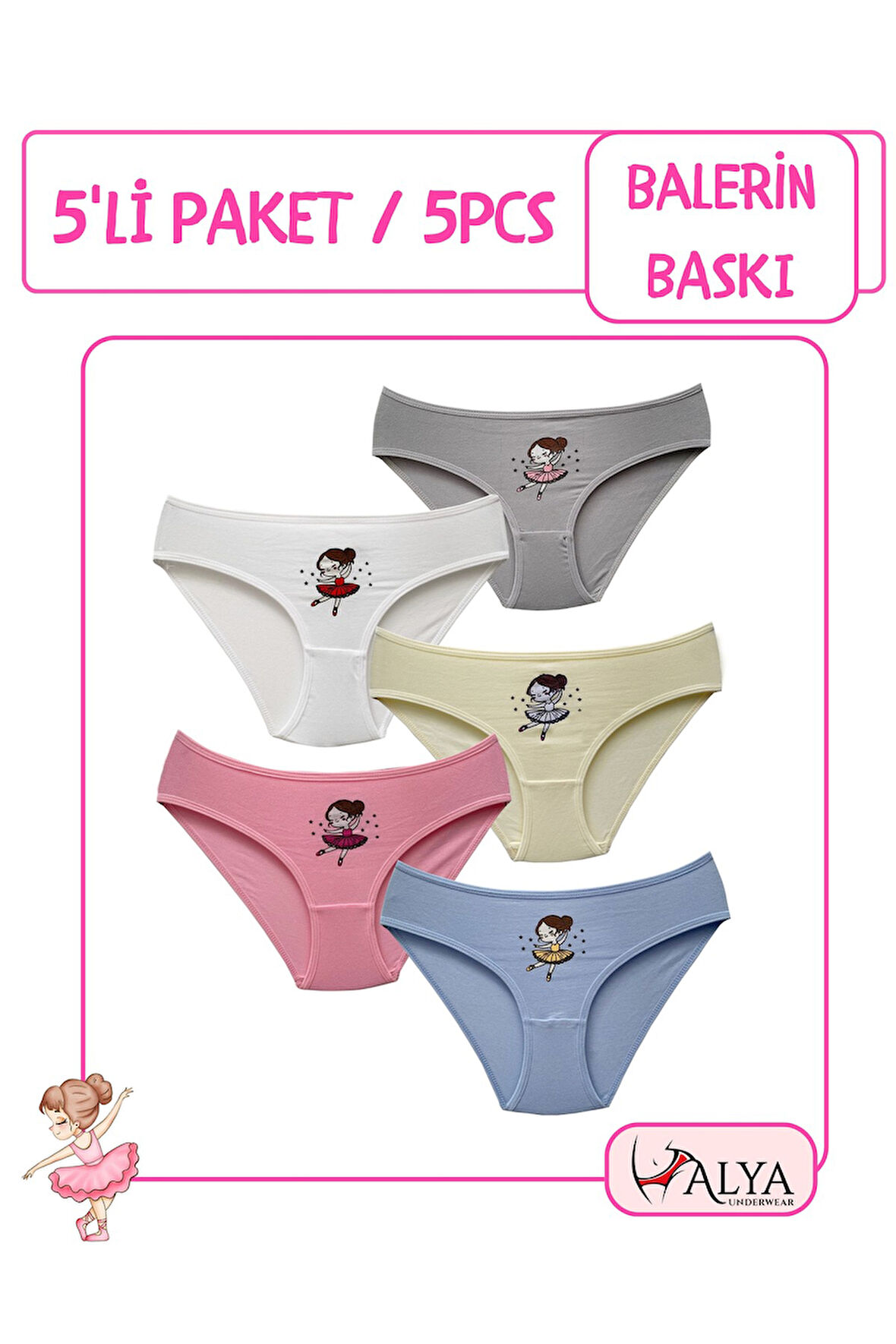 ALYA UNDERWEAR Kedi Baskılı Pamuklu Kız Çocuk Külot, Renkli Slip Külot