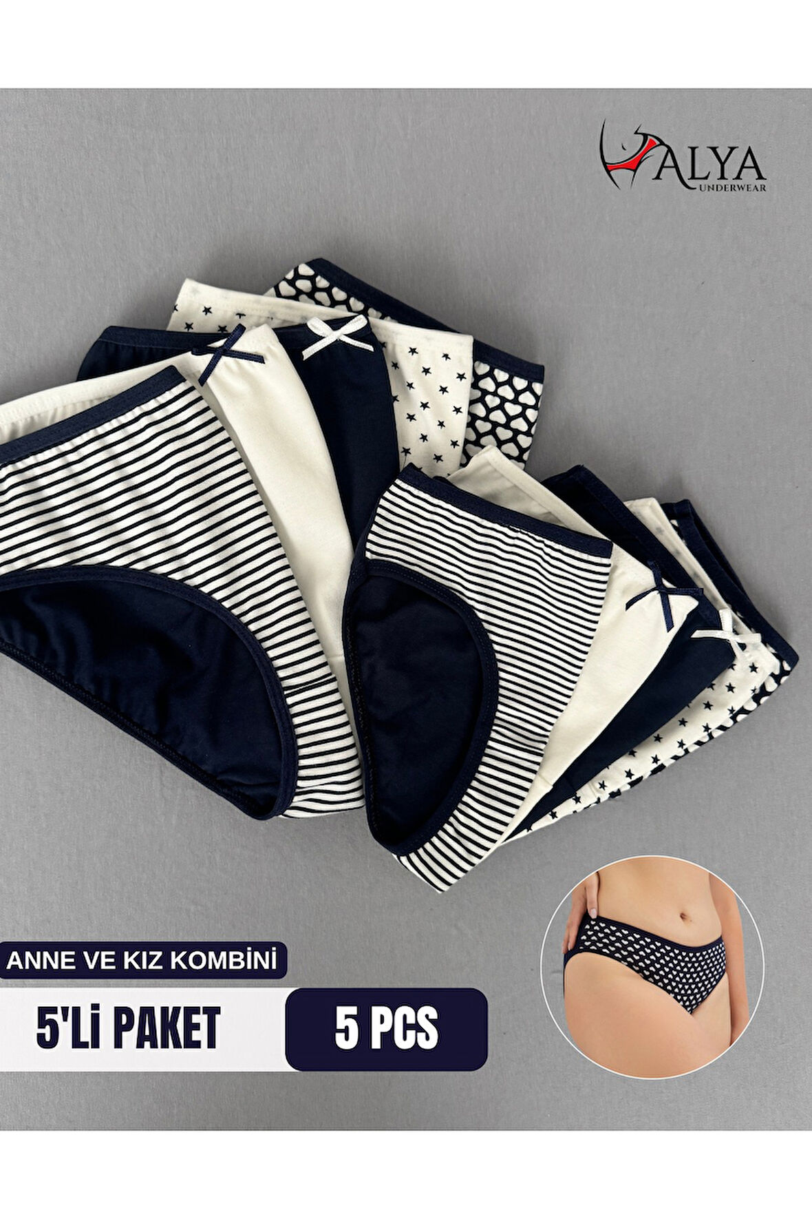 ALYA UNDERWEAR Anne Kız Kombin Pamuklu Külot - Beyaz Slip İç Çamaşırı - 5'li Paket