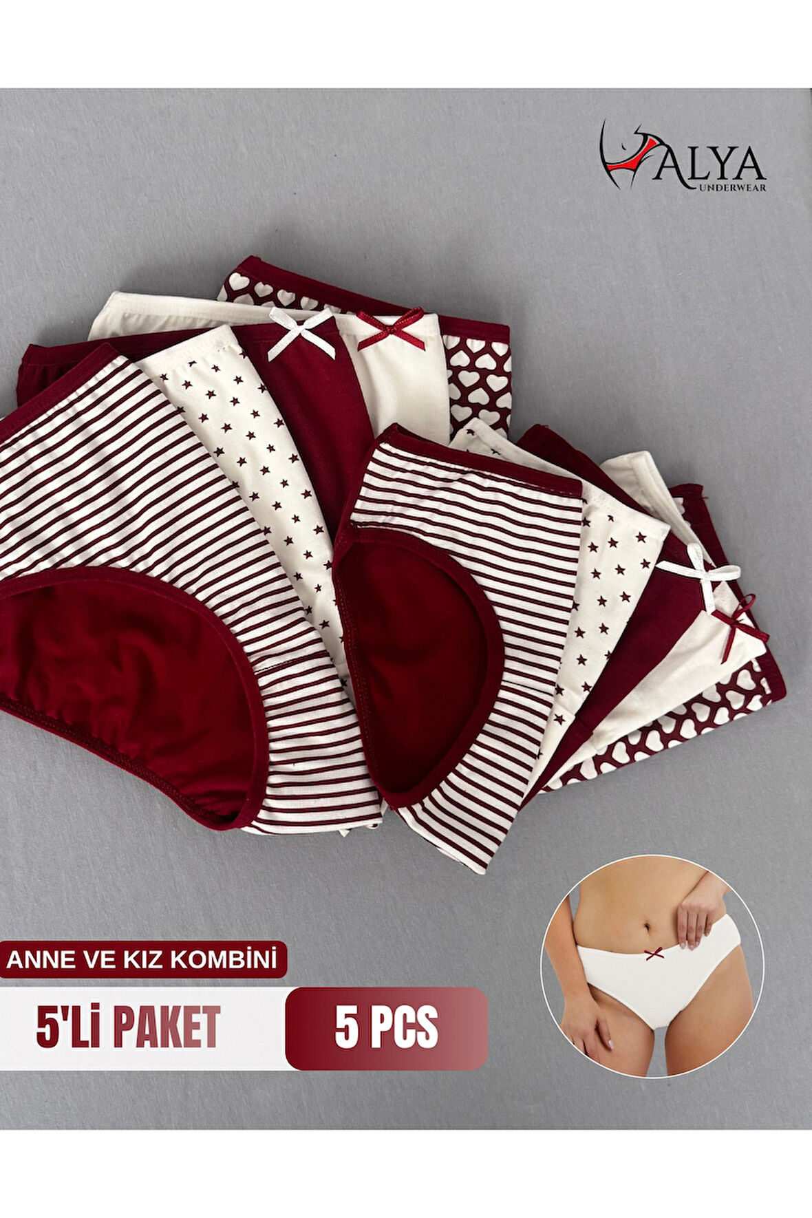 ALYA UNDERWEAR Anne Kız Kombin Pamuklu Külot - Beyaz Slip İç Çamaşırı - 5'li Paket