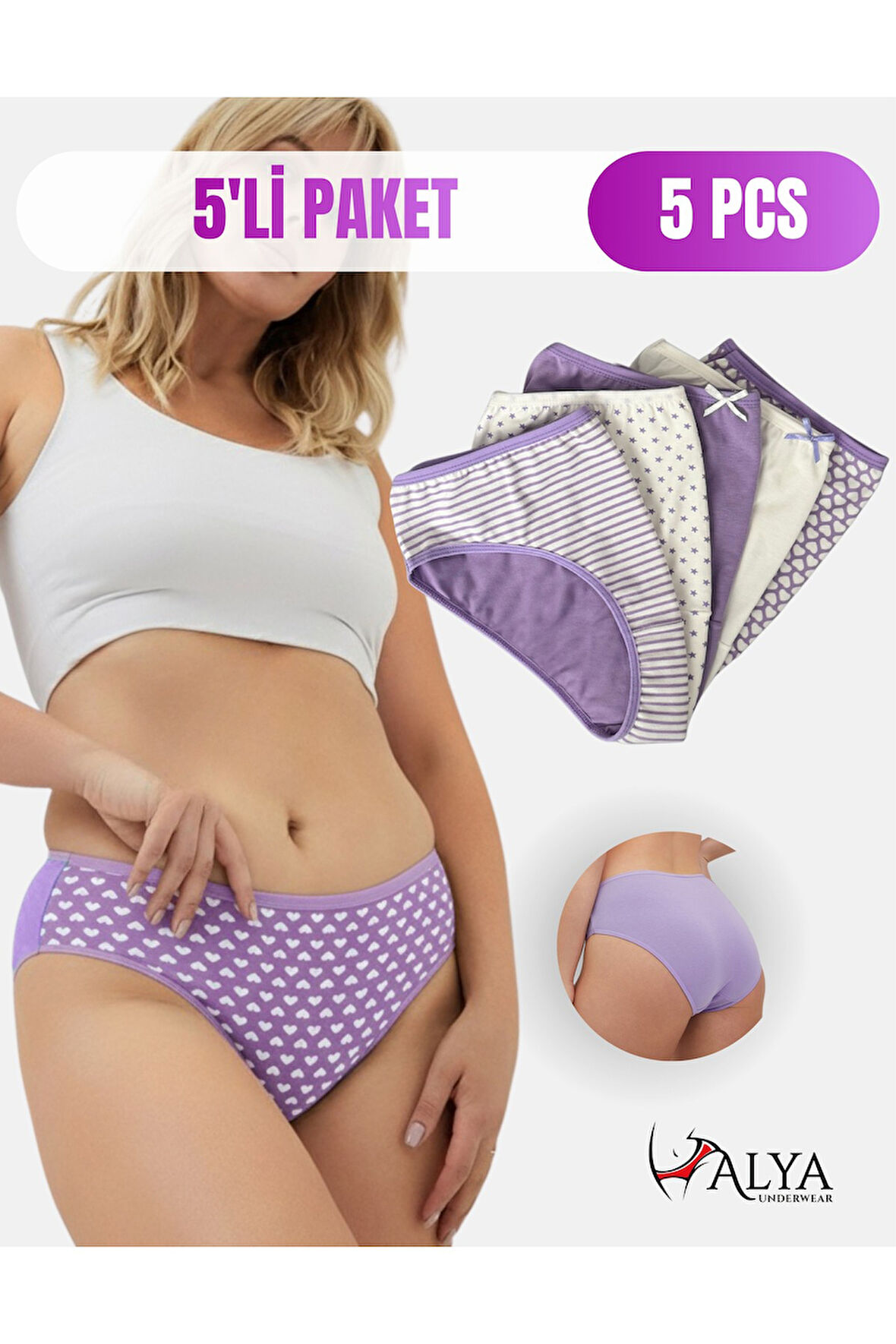 ALYA UNDERWEAR Pamuklu Kadın Külot Slip Empirme Baskılı Yüksek Bel İç Çamaşırı - 5'li Paket - Lacivert
