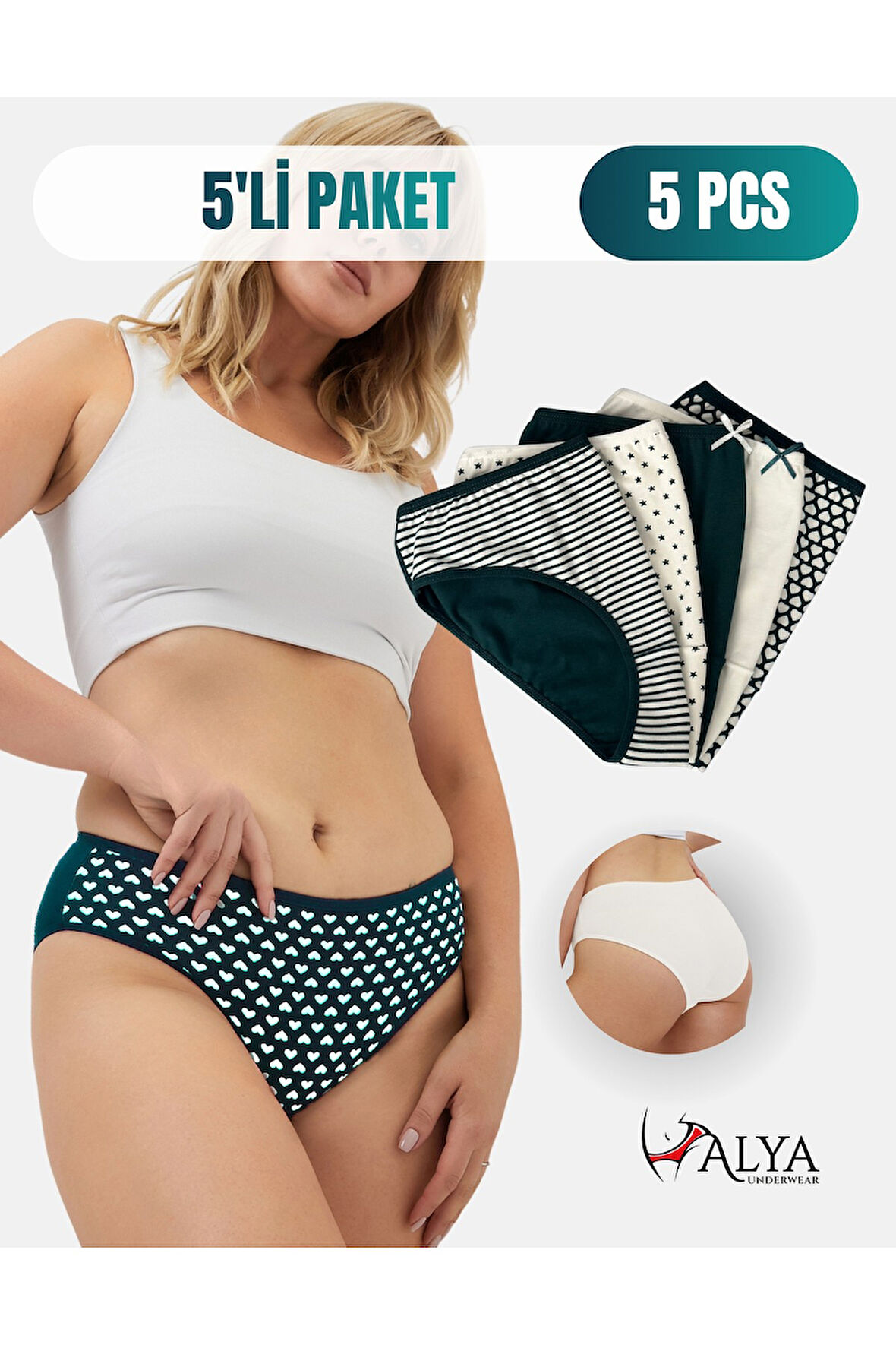 ALYA UNDERWEAR Pamuklu Kadın Külot Slip Empirme Baskılı Yüksek Bel İç Çamaşırı - 5'li Paket - Lacivert