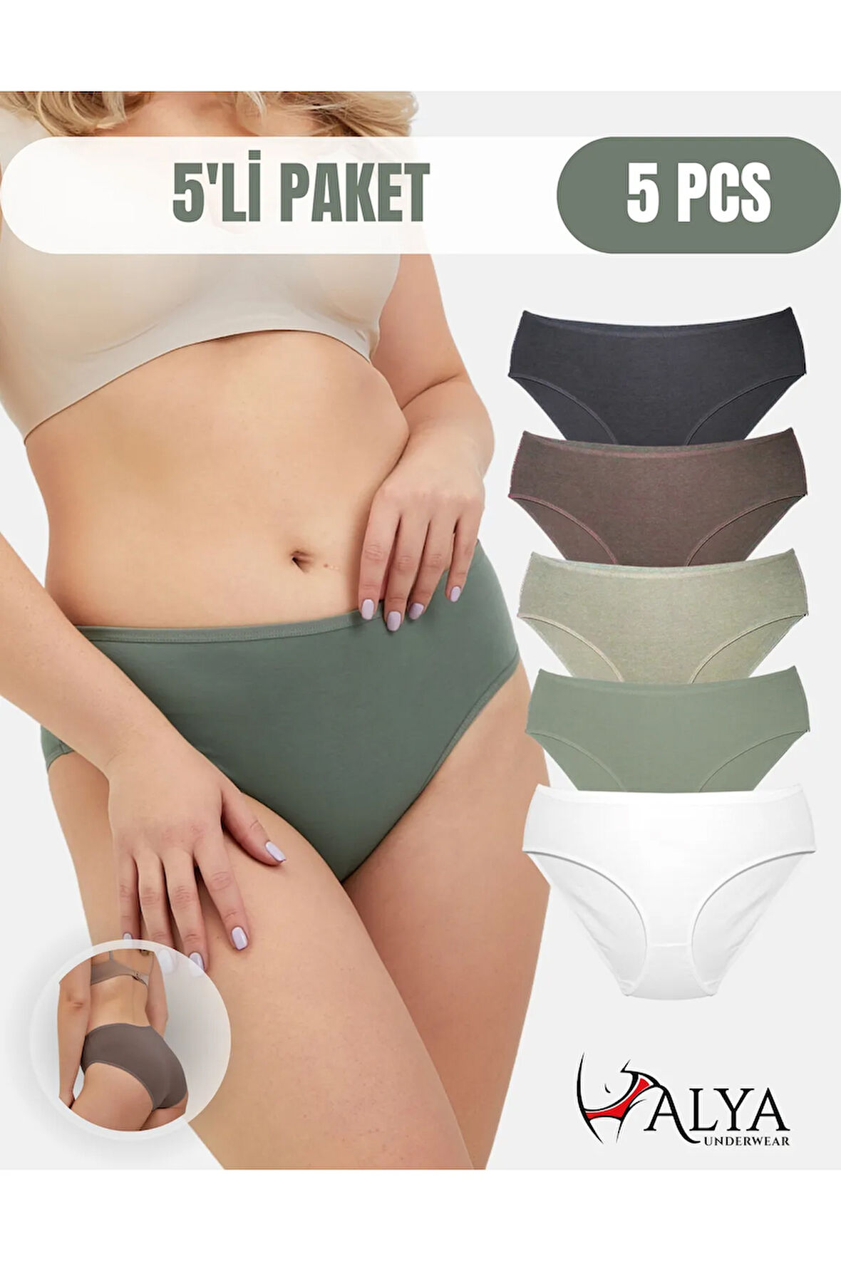 ALYA UNDERWEAR Kadın Pamuklu Renkli Bato / Hipster Slip Külot- Yeşil, Füme, Taş, A Kahve, Ekru 5'li Paket