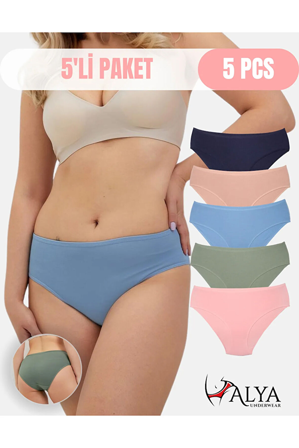 ALYA UNDERWEAR Kadın Pamuklu Renkli Bato / Hipster Slip Külot- Lacivert, Yeşil, Pembe, Pudra, Mavi -5'li Paket