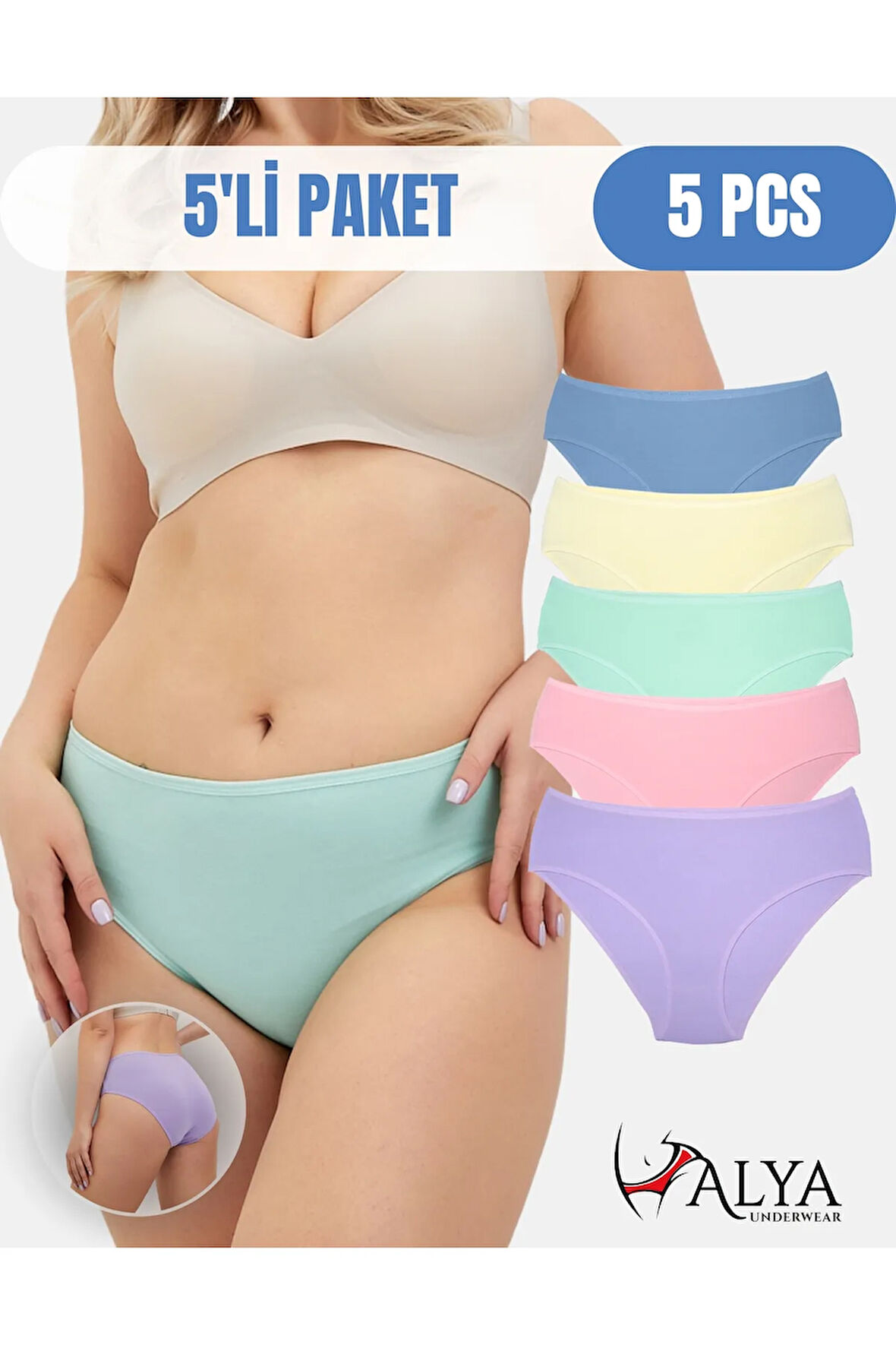 ALYA UNDERWEAR Kadın Pamuklu Renkli Bato / Hipster Slip Külot- Sarı, Mint, Lila, Mavi, Somon -5'li Paket