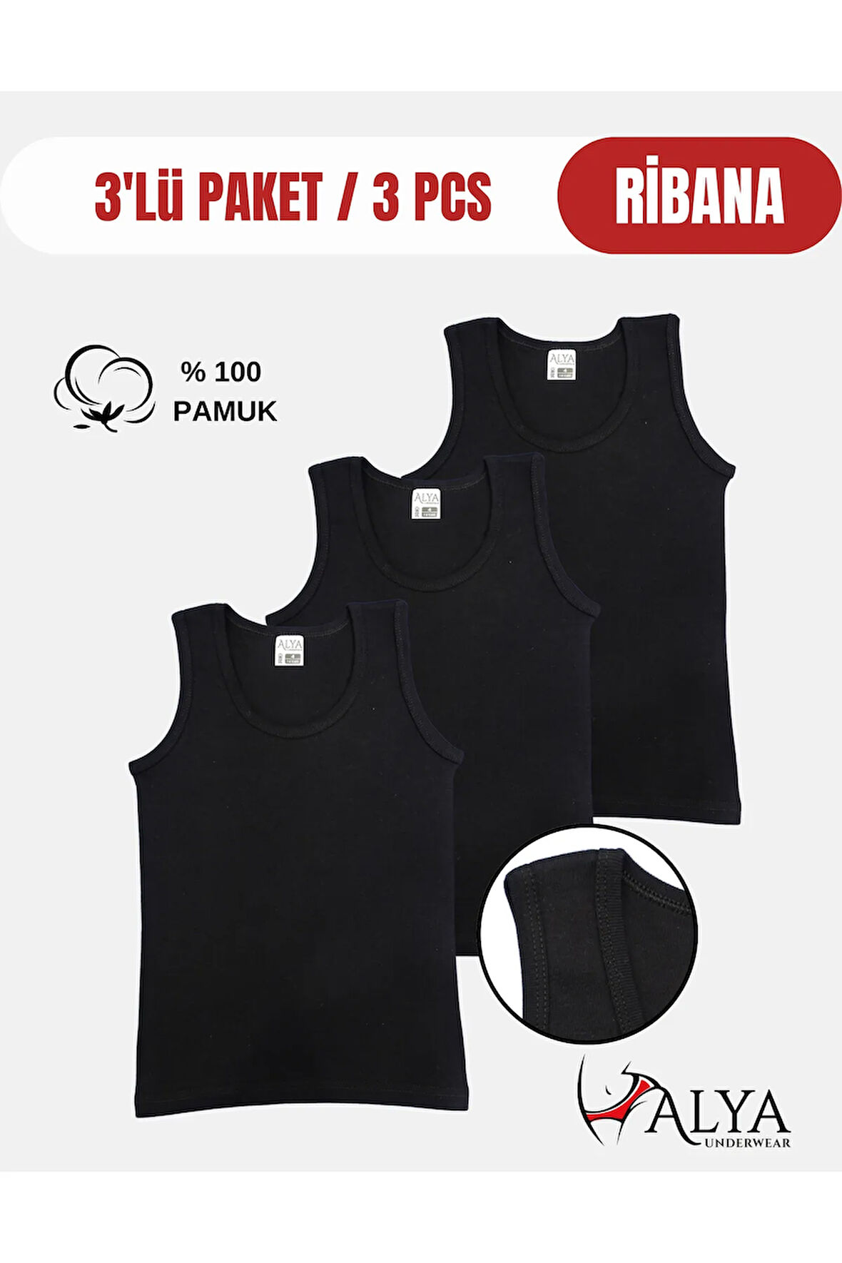 ALYA UNDERWEAR Erkek Çocuk Pamuk Ribana Atlet Oval Yaka 3'lü Paket - 3 Adet Siyah ( 9-10 Yaş )