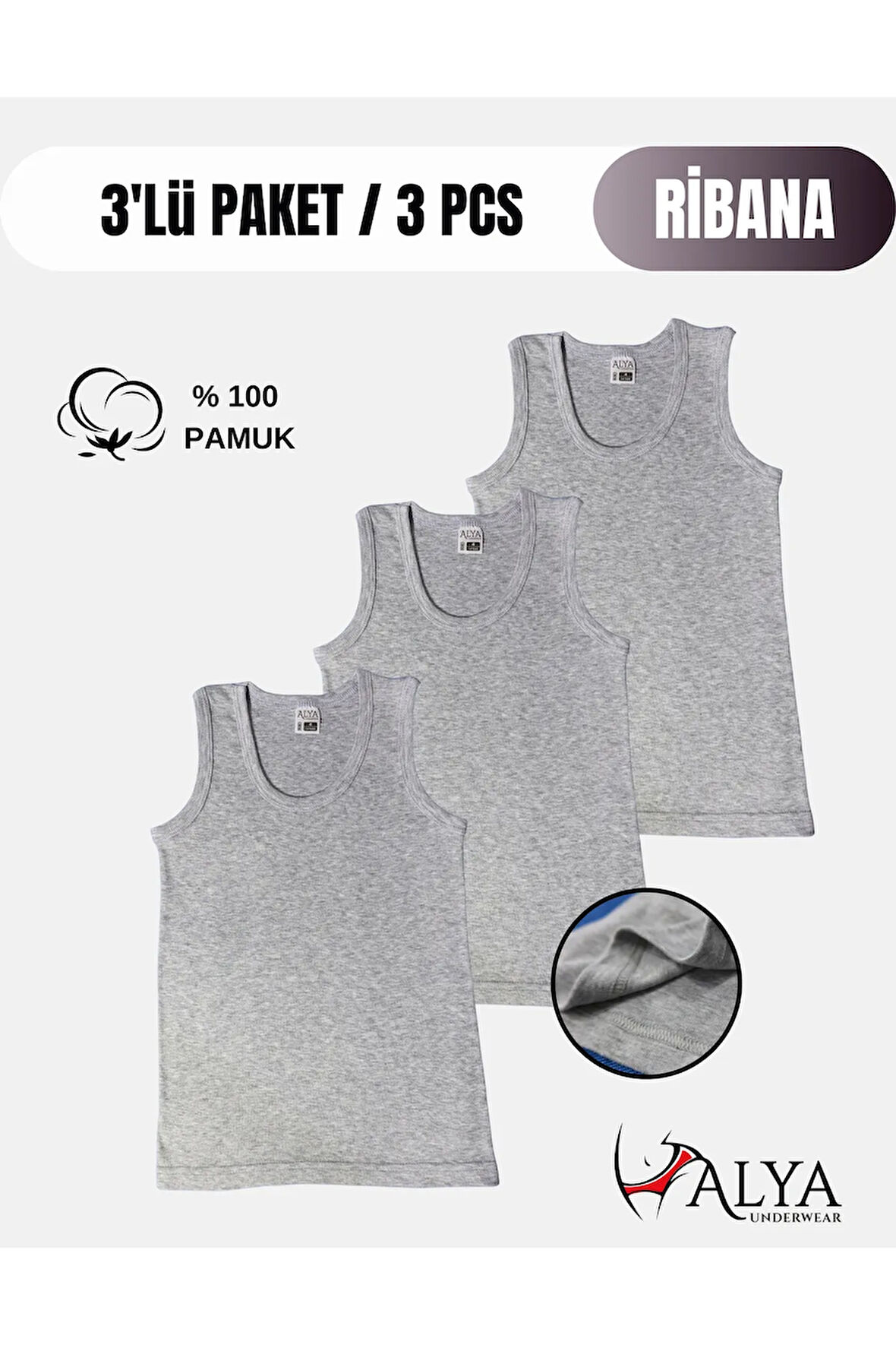 ALYA UNDERWEAR Erkek Çocuk Pamuk Ribana Atlet Oval Yaka 3'lü Paket- 3 Adet Gri Melanj ( 11-12 Yaş )