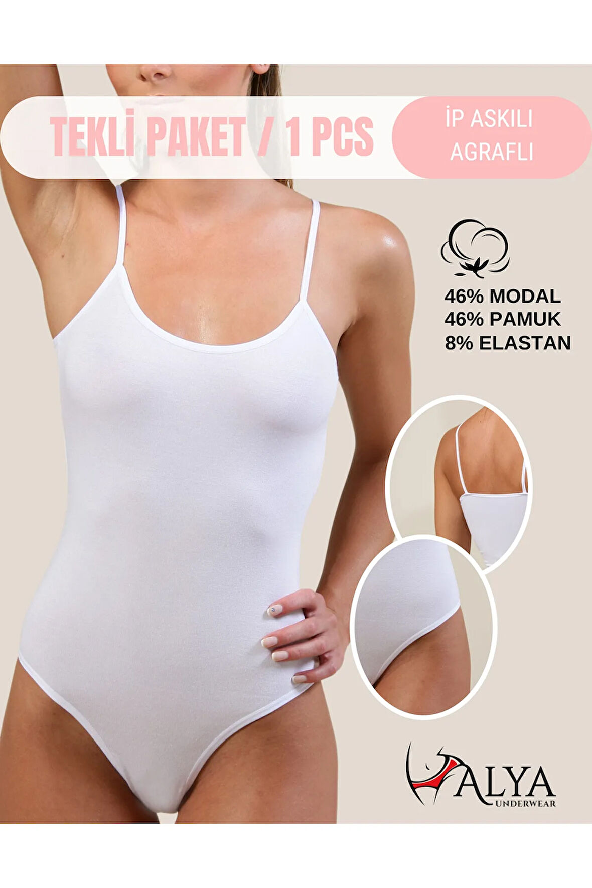 ALYA UNDERWEAR Kadın Ip Askılı Çıtçıtlı Body, Modal - Pamuk Karışımlı, ( Kancalı ), Tekli Paket, Beyaz