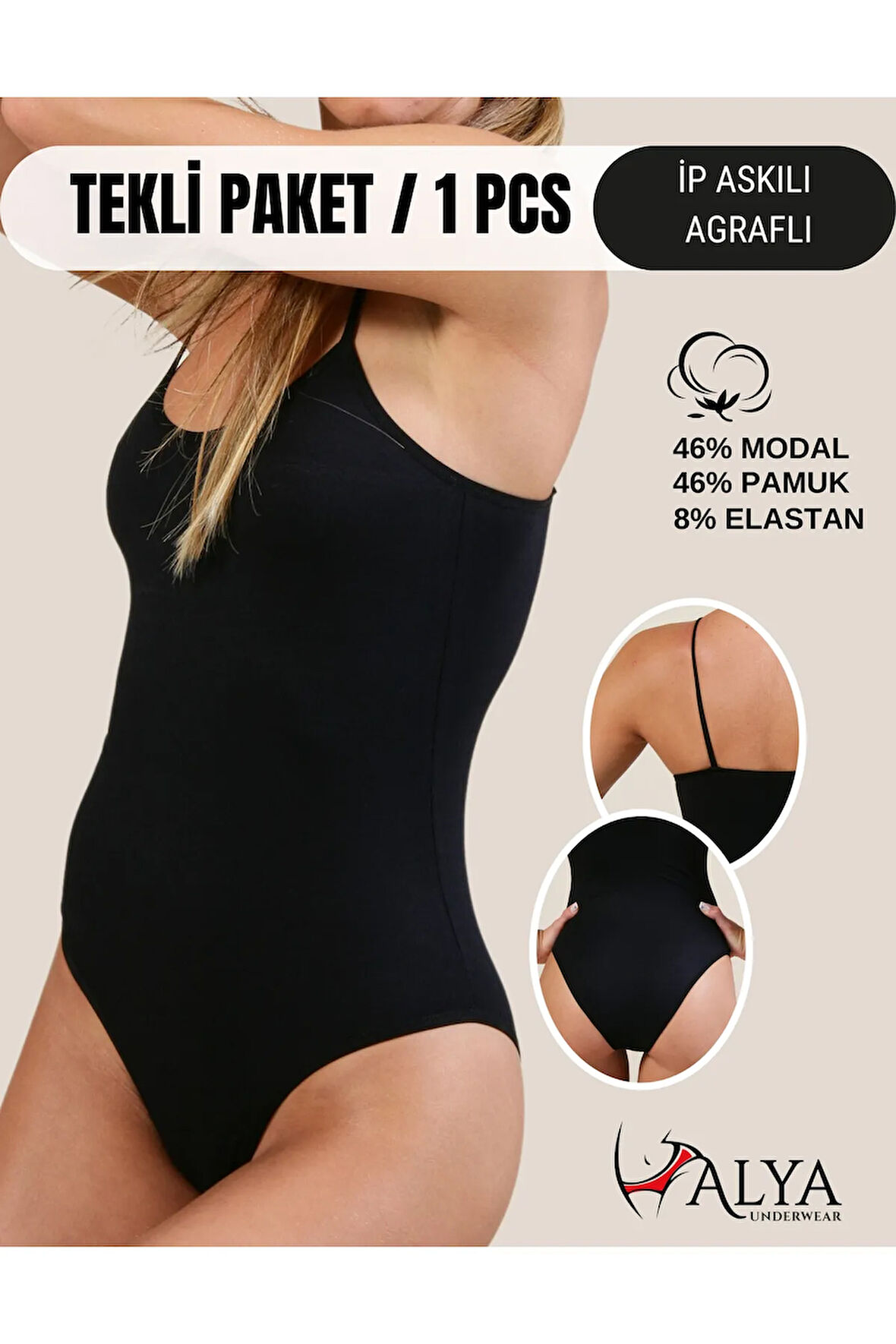 ALYA UNDERWEAR Kadın Ip Askılı Çıtçıtlı Body, Yumuşak Modal - Pamuk Karışımlı, Kancalı Bodysuit, 1 Ad. Siyah