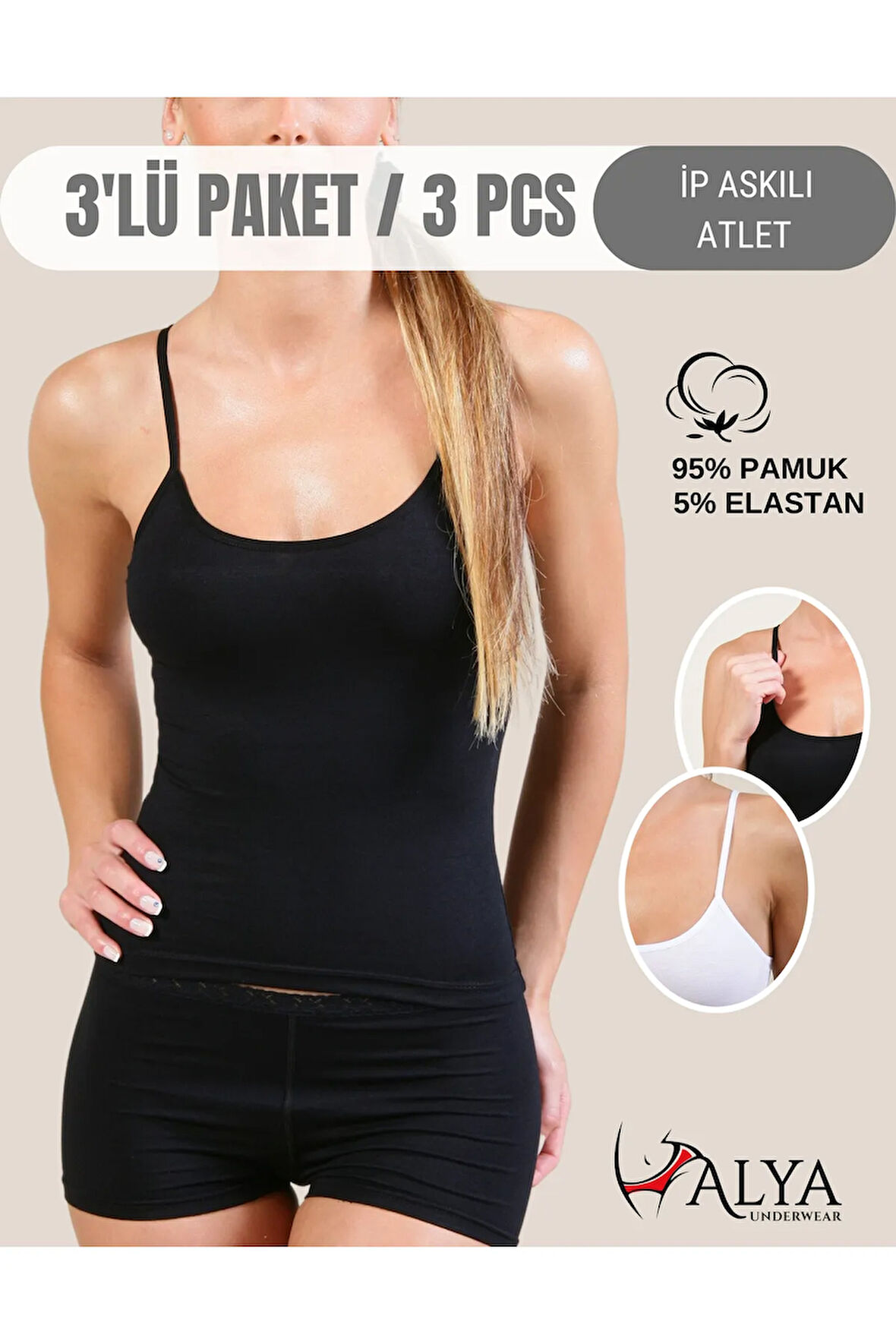 Kadın Pamuklu Ip Askılı Oval Yaka Atlet ( 3'lü, Siyah, Beyaz, Ten - M )
